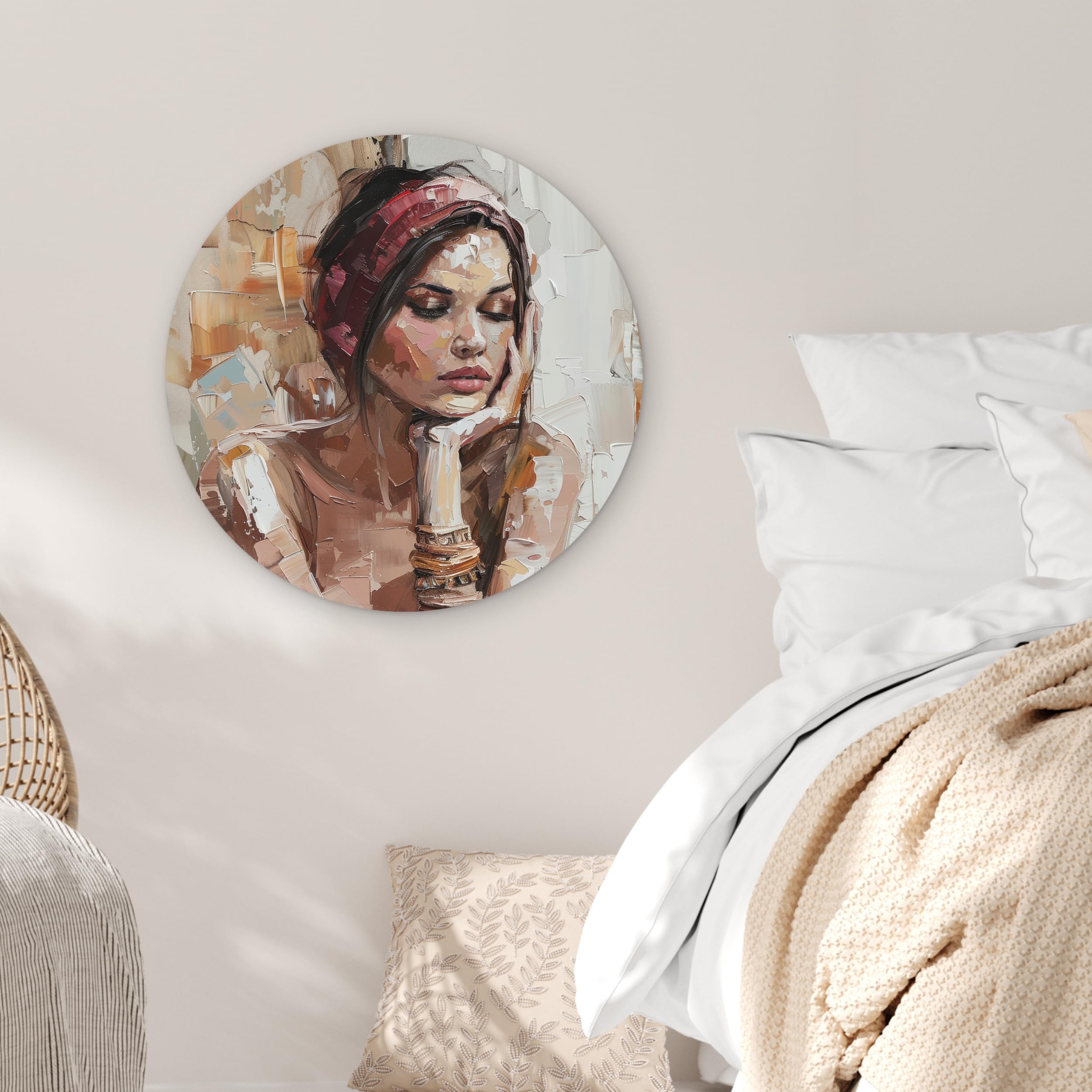 MuchoWow© Quadro Rotondo Ø60 cm Salotto Ufficio Cuadro Moderne Finestre Design Murale Bedroom Stanza Fiori Natura Soggiorni Grande Pareti Donna - Sguardo pittorico - Ritratto - Moderno