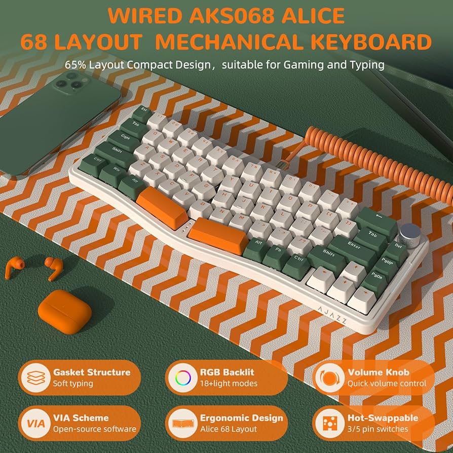 AKS068 65% Wired Mechanical Gaming Keyboard with Coiled Cable, 68