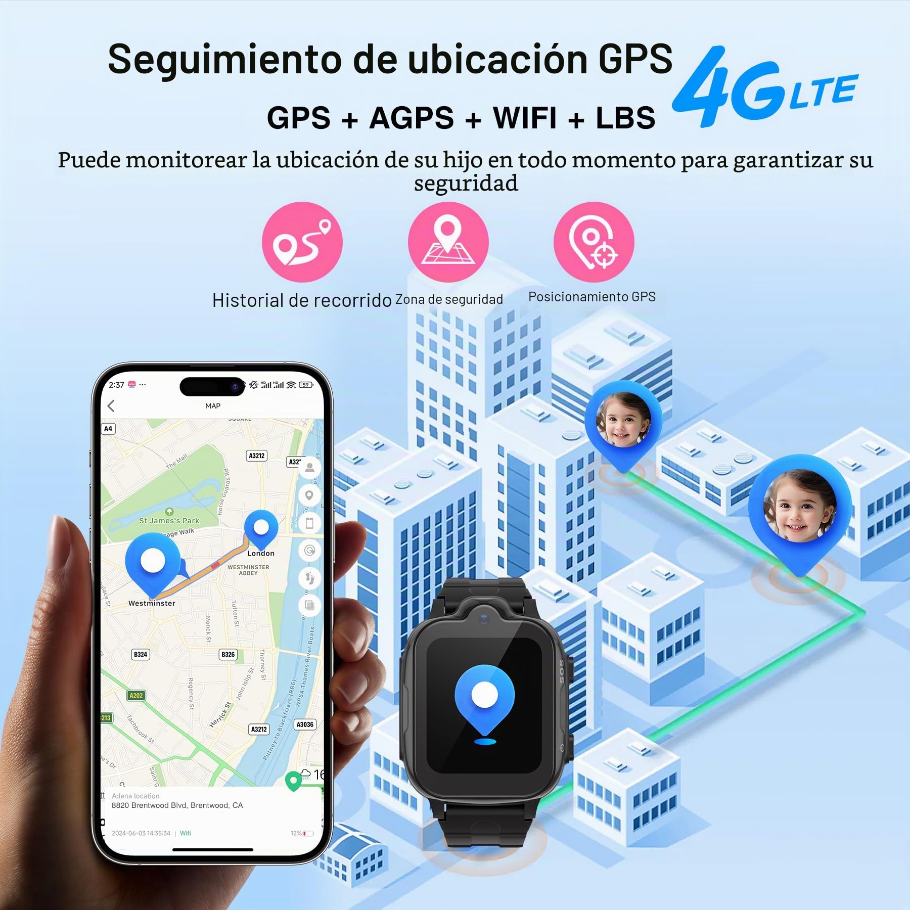 Reloj inteligente 4G GPS y teléfono, IP67 resistente al agua, llamadas, WiFi, videollamada, SOS, despertador, para niños 3-12 años, negro