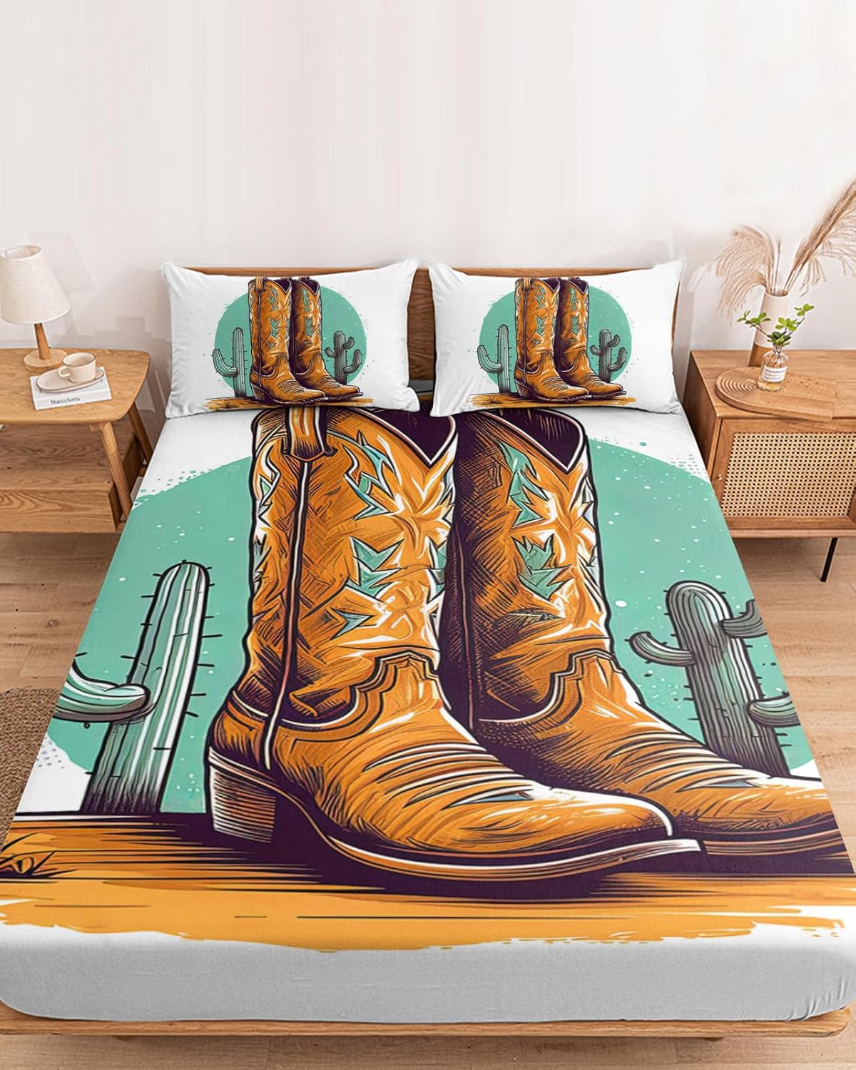 Fitted Sheet Queen Size Bed Sheets with Deep Pocket,Western Cowboy Boots Cactus Teal