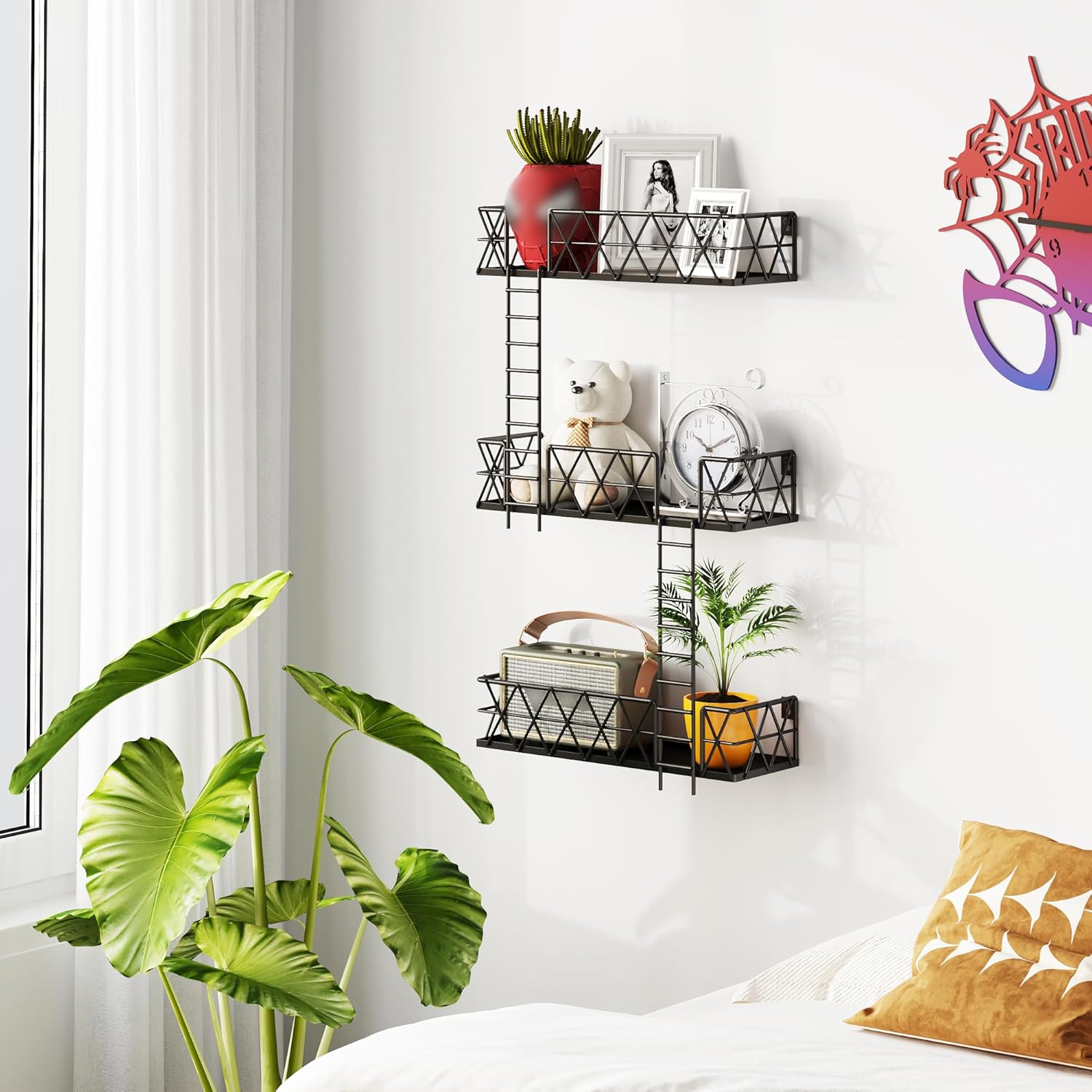 LUDOUR Fire Escape Wall Shelf - 3 Tier Fire Escape Ladder Wall Shelf 16.5’’ Long, New York Metal Decorative Shelf for Action Figure Display, Black Floating Wall Shelves for Bedroom, Home Décor.