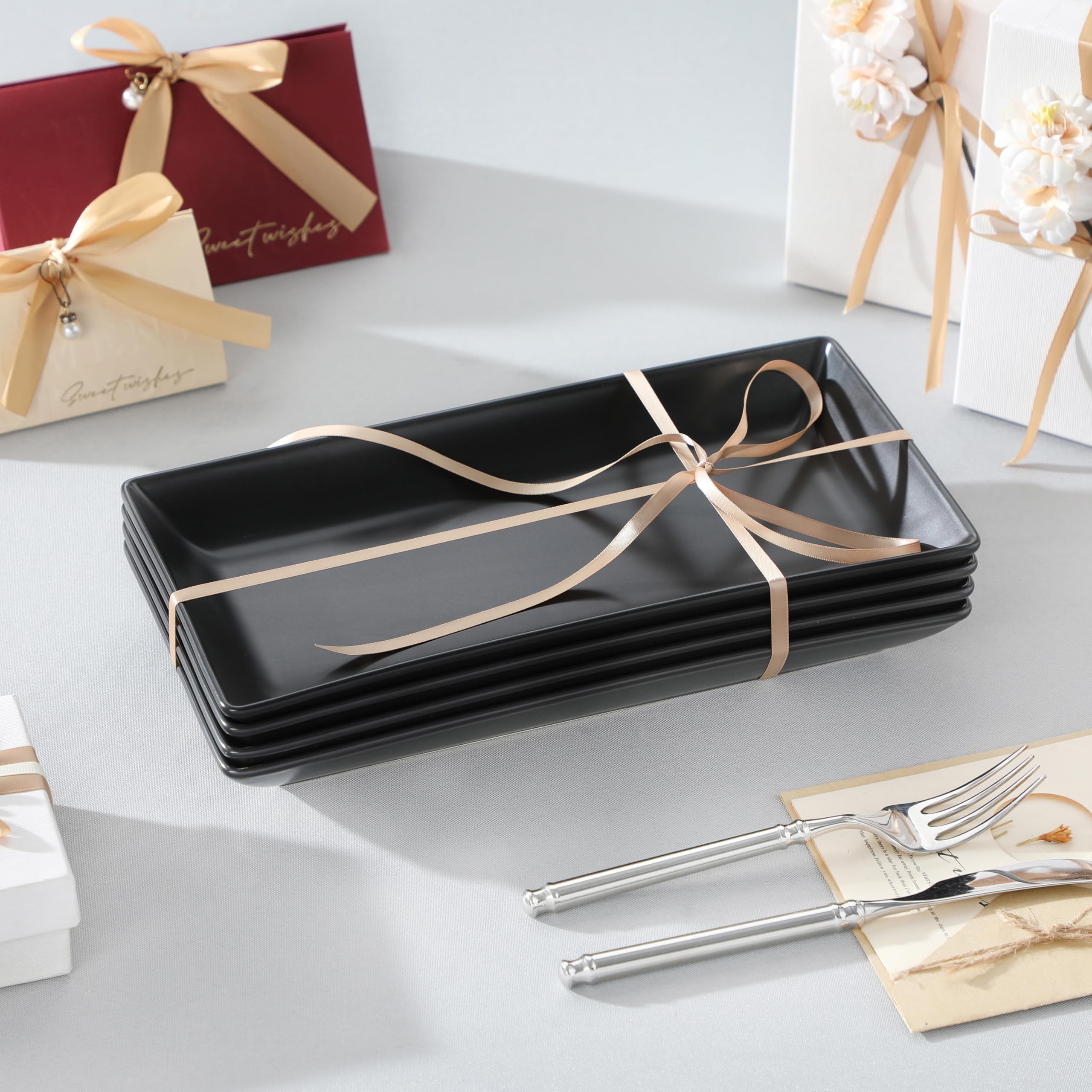MALACASA Piatti da Portata in Porcellana 30,5 x 15,3 x 3,6 cm, Set di 4 Pezzi, Piatti da Portata Rettangolari Grandi per Buffet, Sushi, Torte, Antipasti a Casa, Feste o al Ristorante, Nero Opaco
