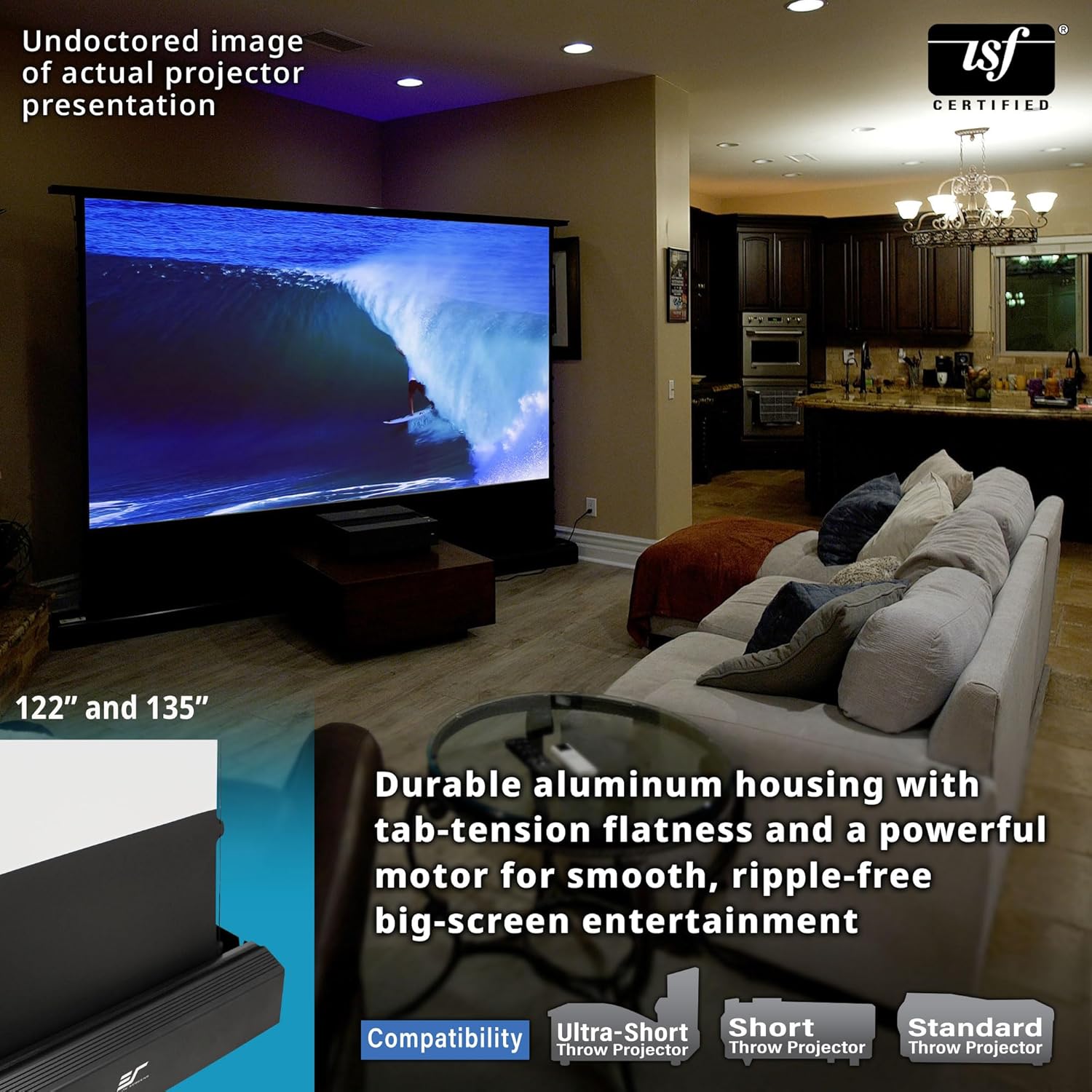 EliteProjector Screens Kestrel Tab-Tension 3 CineWhite, 122" Diag., 16:9 Aspect Ratio, ISF Certified 4K/8K Ultra HD Electric Floor-Rising Motorized Tab-Tensioned Front Projector Screen, FTE122H3
