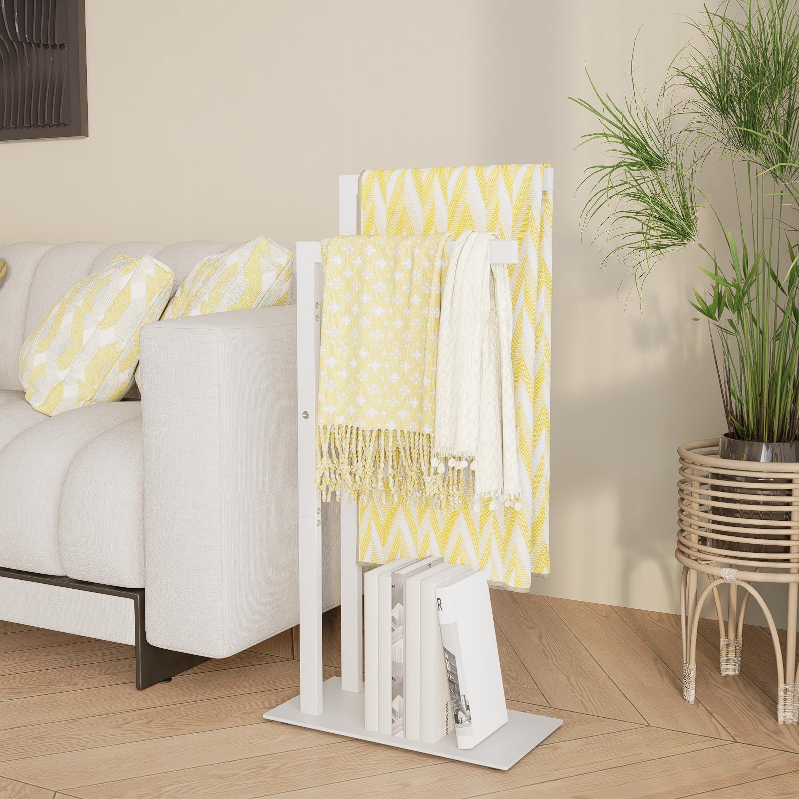 Yawinhe Porte Serviettes sur Pied, Support Salle de Bain, avec 2 Barres, en Acier Inoxydable, pour Vêtements, Couvertures, 40x20x80cm, Blanc, SMJ003W