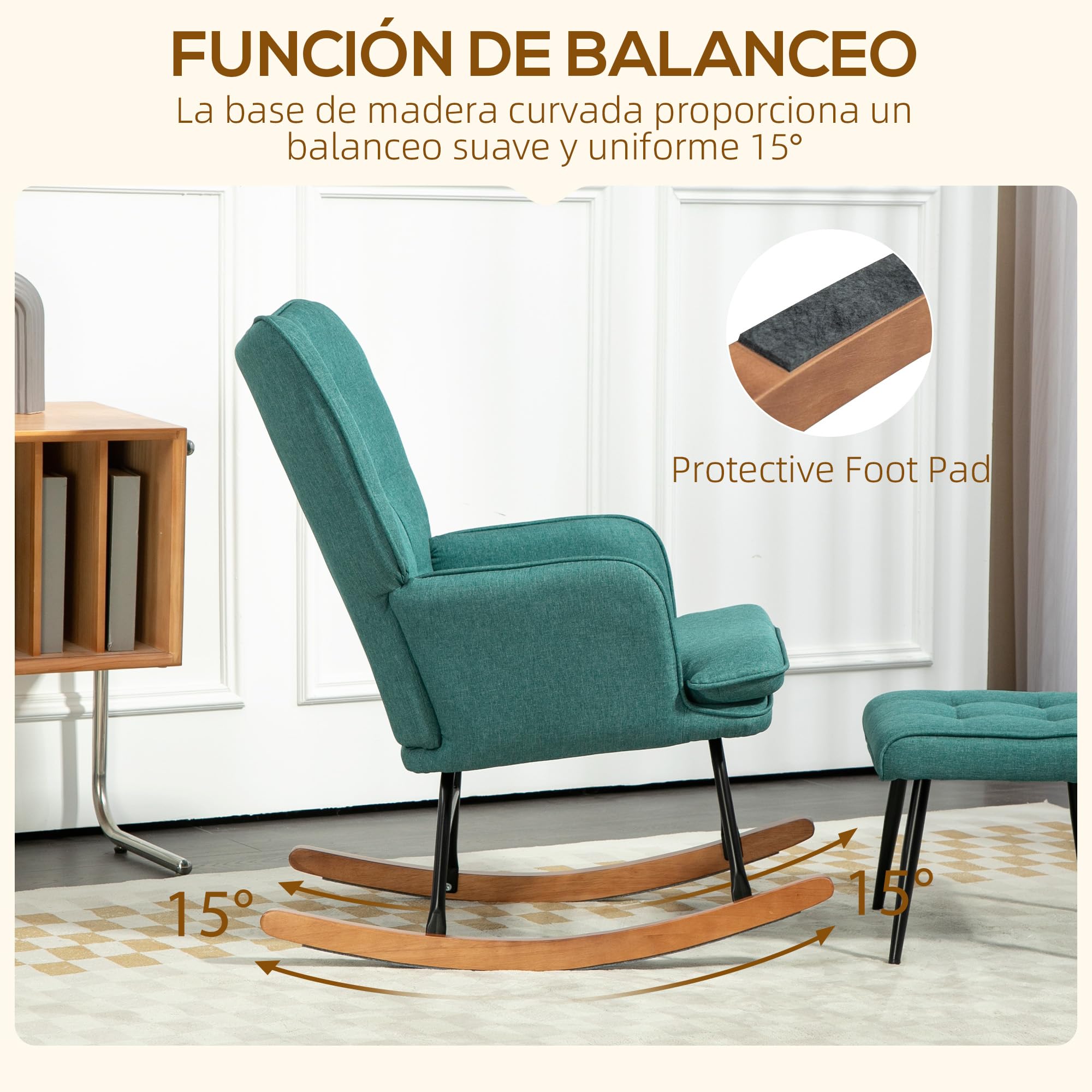 HOMCOM Silla Mecedora con Reposapiés, Sillón de Relax, con Cojín Acolchado, Respaldo Alto, Reposabrazos y Patas de Madera, Carga 130 kg, para Salón, Dormitorio, Verde Azulado