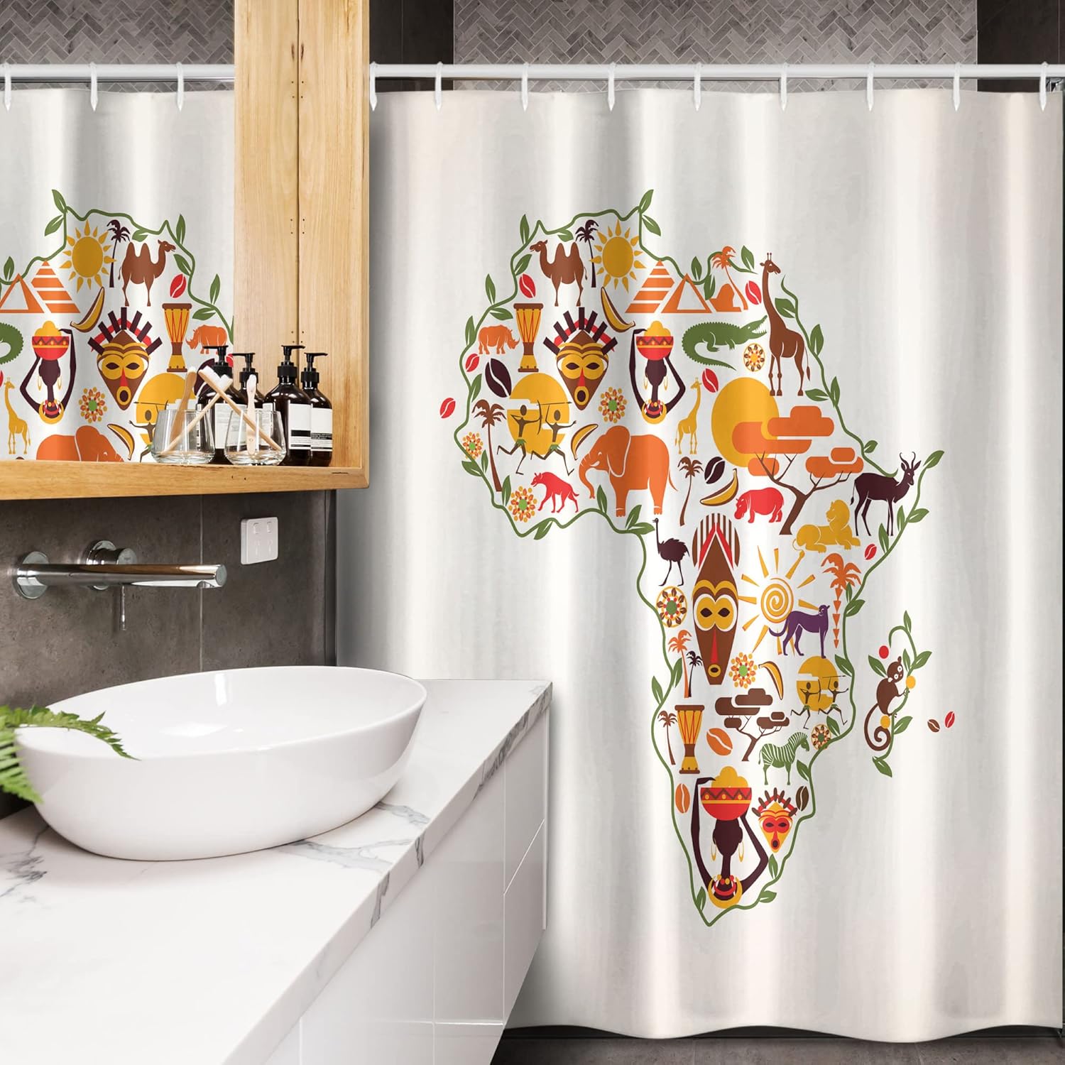 Ambesonne African Stall Shower Curtain, Travel Map Plan Traditional Objects Continental Culture Arts Craft, Fabric Bathroom Decor Set with Hooks, 54" W x 78" L, Multicolor White