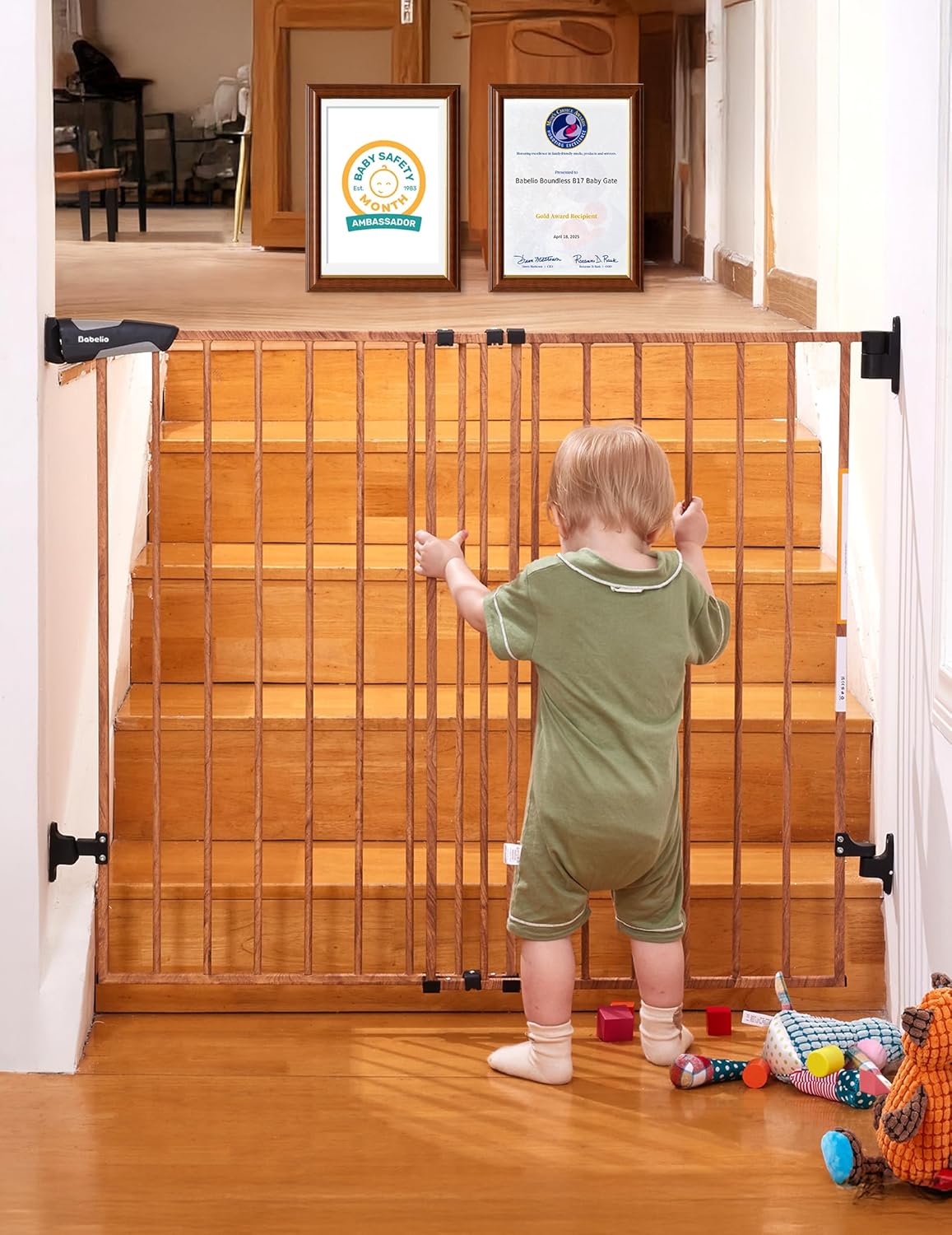 Babelio 34" Extra Tall Baby/Dog Gate with No Threshold Design Walk Thru Door, 26-43" Auto Close Safety Gate for Babies, Elders and Pets, Fits Doorways, Stairs, and Entryways, Brown Wood Pattern Brown Wood Pattern - B17 26-43" W, 34" H