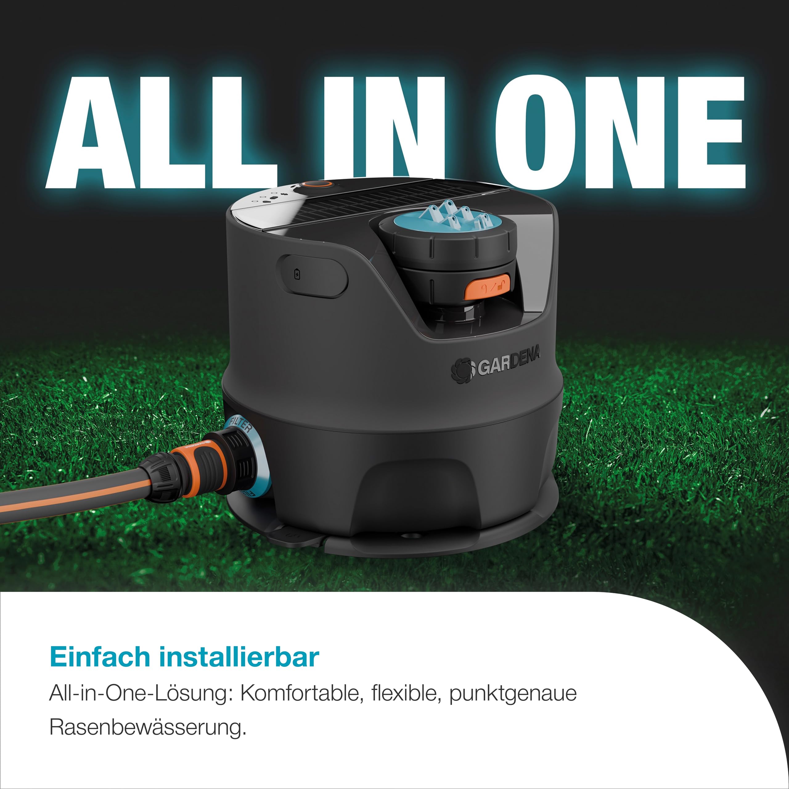 Gardena AquaPrecise Bewässerungssystem für Rasenflächen bis zu 320 m²: solarbetrieben, gleichmäßige Wasserverteilung, für jede Gartenform, Bluetooth, einfache Installation (16000-20)