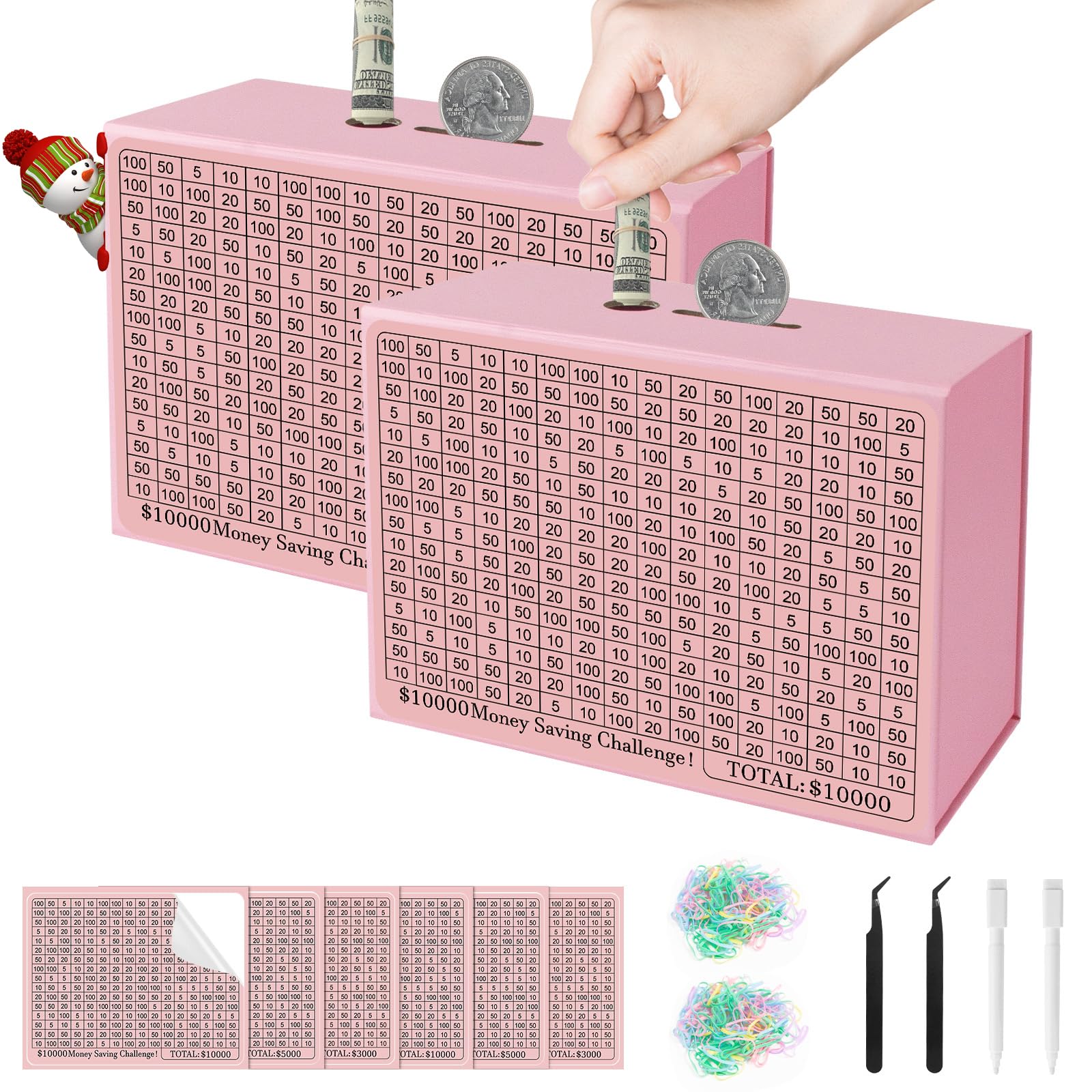 2 Pack Pink Money Saving Box – Flexible Piggy Bank $3000/5000/$10000 Savings Challenge, Fun Cash Coin Box for Kids & Adults, Ideal