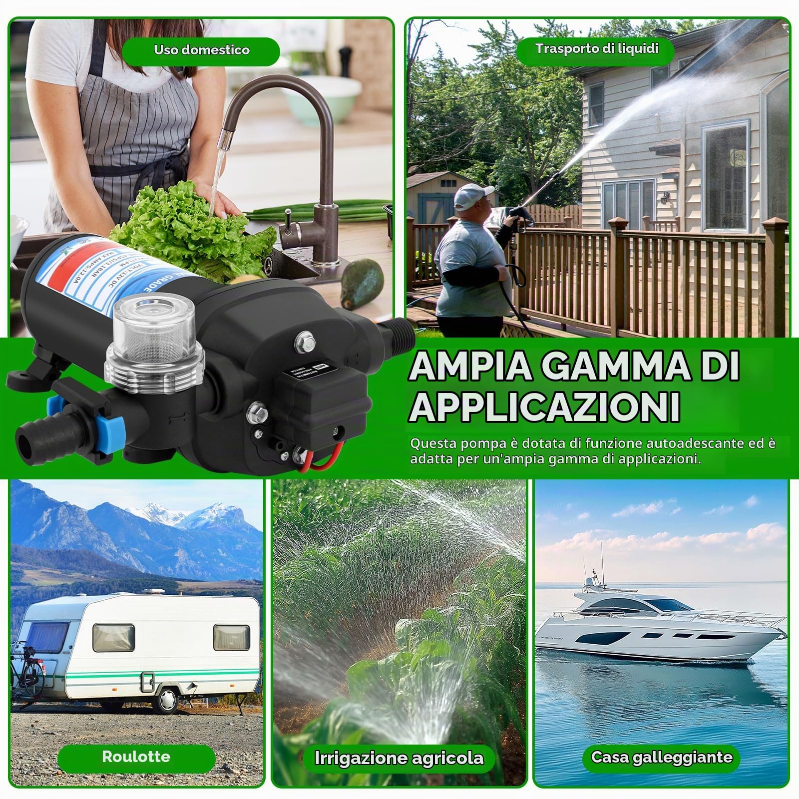 Pompa a Membrana Autoadescant 12V, Pompa Automatica a Pressione per Casa, 45 PSI Autoadescante con Interruttore di Pressione, Pompa Autoadescante 17 L/min per Irrigazione Giardino, Caravan