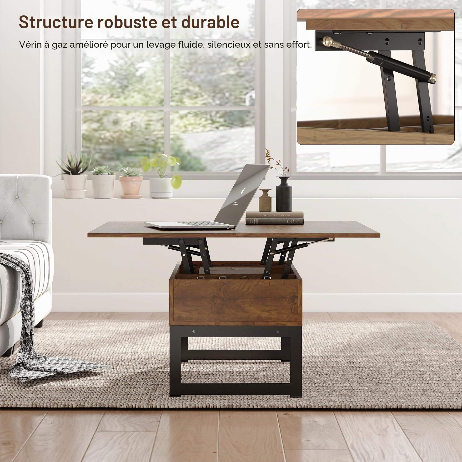 Manora Table basse multifonction convertible en table de salle à manger ou poste de travail pour salon, bureau à domicile, design compact avec rangement caché, marron