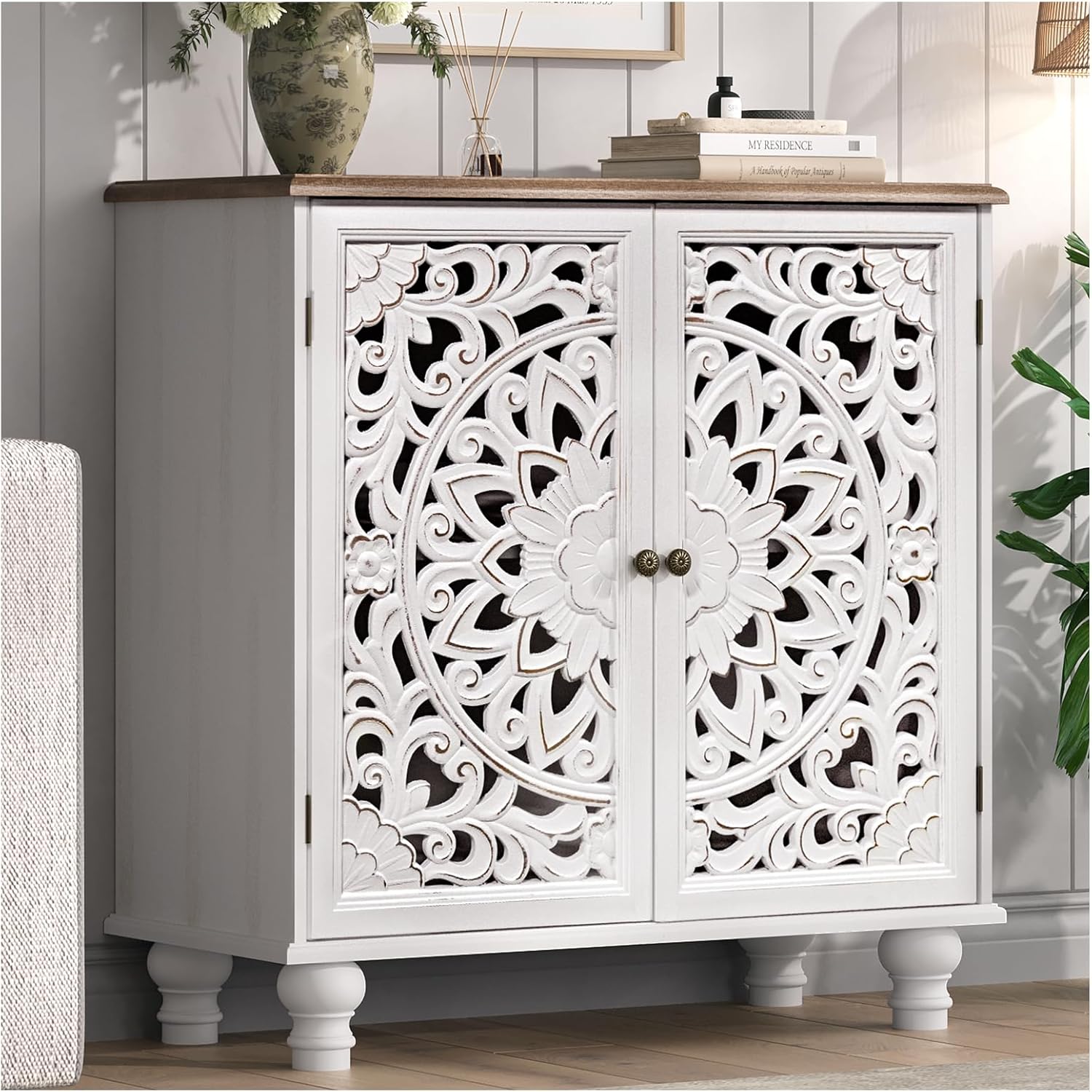 Accent Cabinet with Doors, Decorative Storage Cabinet with Adjustable Shelf, Carved Sideboard Buffet with Solid Wood Legs for Living Room, Entryway, Kitchen, Hallway, White