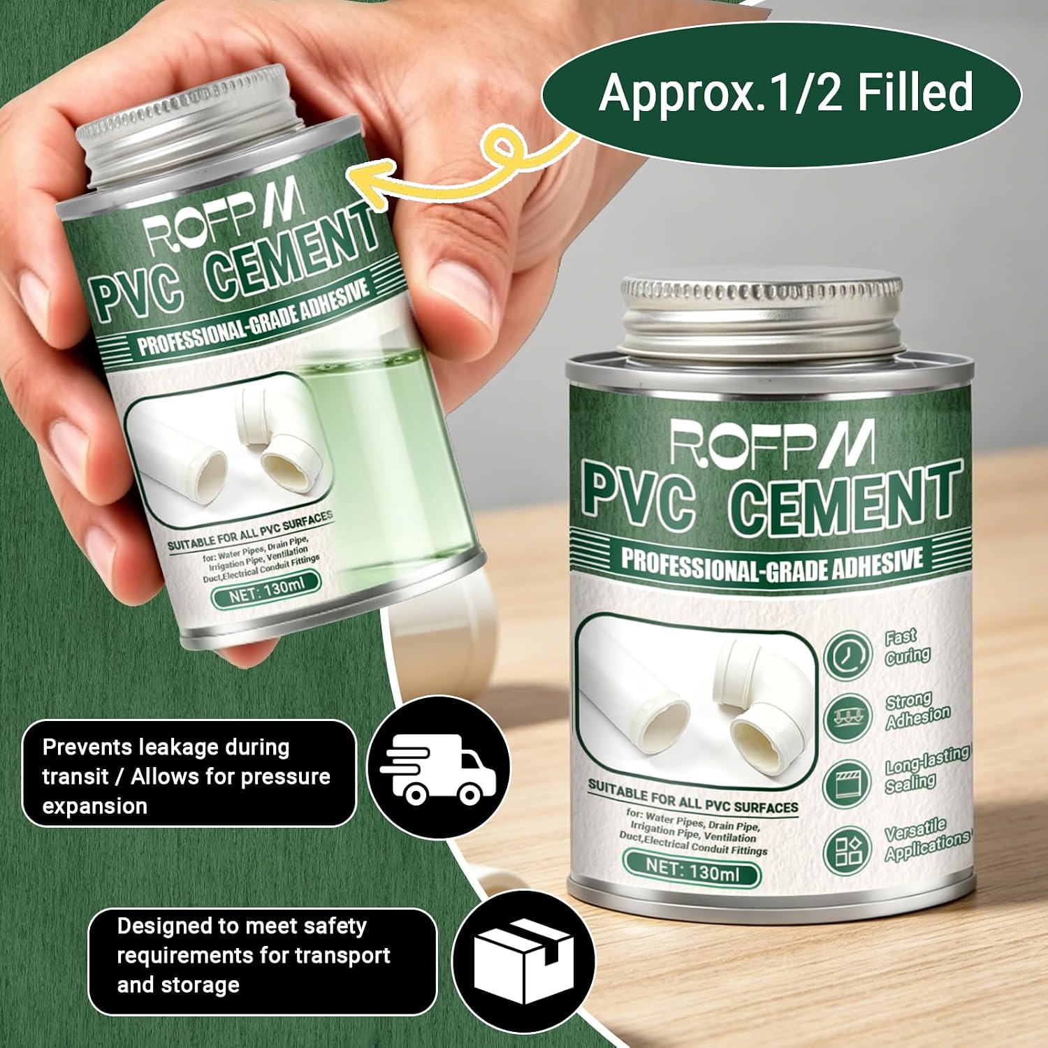 PVC Cement Pipe Glue 4.39floz, Waterproof High Strength PVC Adhesive