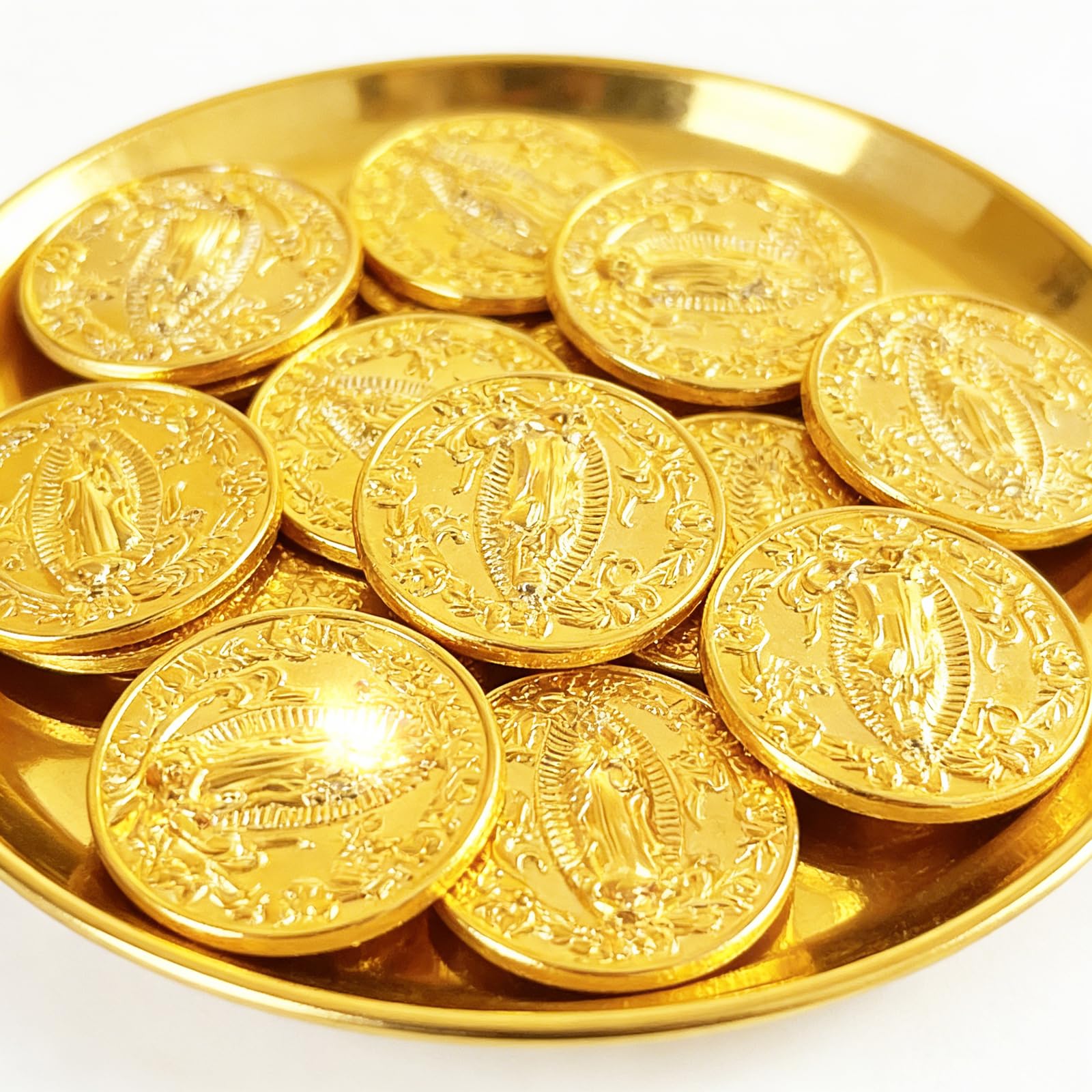 Juego de Monedas de Arras para Boda - Arras Para Boda Católica, Arras De Boda Cristiana, Caja Dorada en Forma de Corazón con 13 Monedas de la Virgen de Guadalupe, Accesorios de Boda para