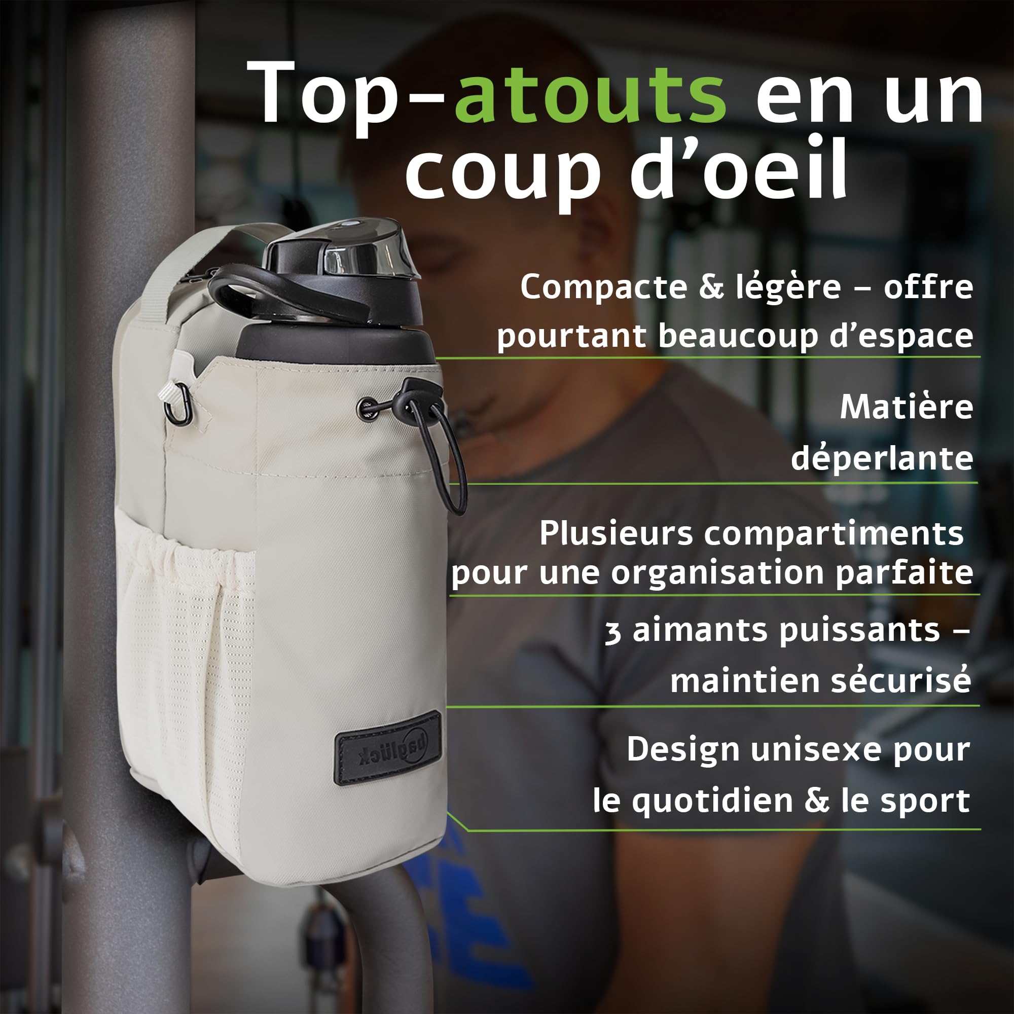 Sac de Sport magnétique avec Porte-Bouteille 1,5L – Sac Gym Fitness Homme Femme, Beige