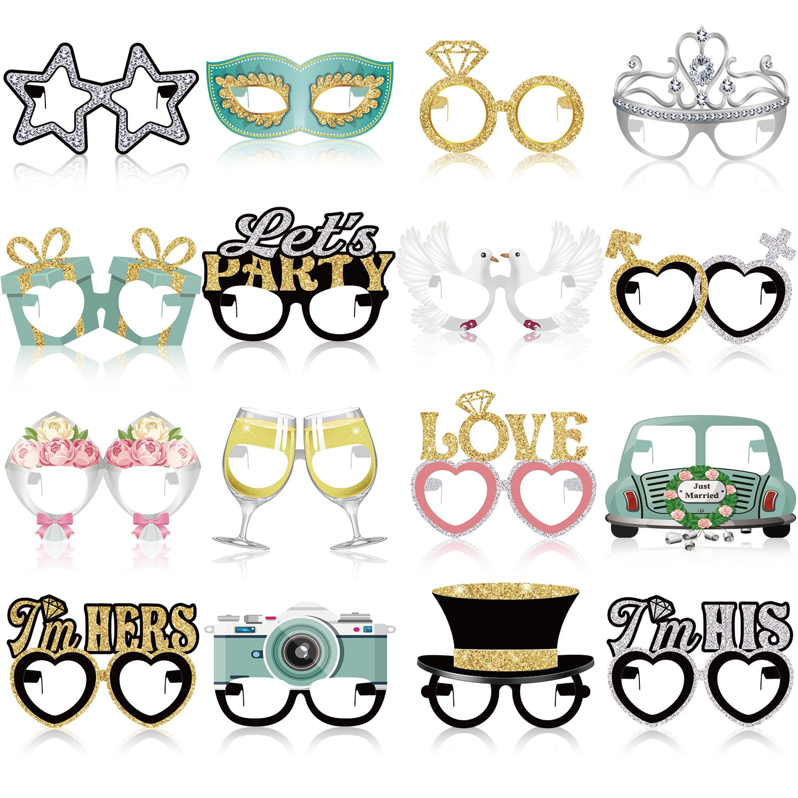 32 Pcs Wedding Photo Booth Props Paper Glasses - Bridal Shower Decorations, Engagement Party Favors, Bachelorette Accessories, Just Married Eyeglasses for Bride Reception Celebration Supplies