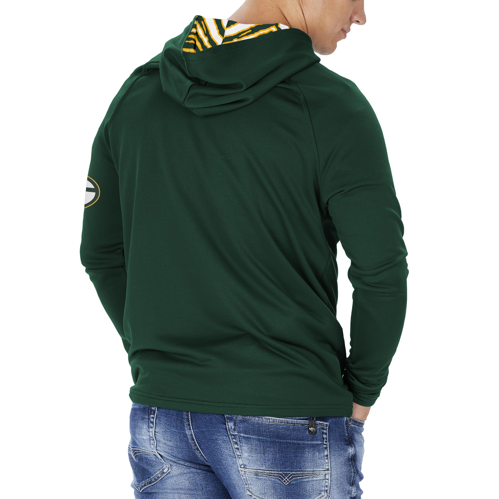 The Zubaz NFL Football Men's Solid Team Hoodie features distinctive camo detailing on the hood and sleeves.