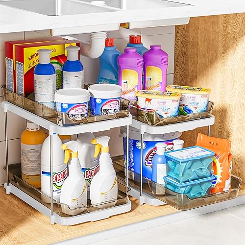 Vista 22 de Delamu 2 juegos de organizadores y almacenamiento multiusos de 2 niveles para baño debajo del fregadero, organización apilable de despensa de Ámbar