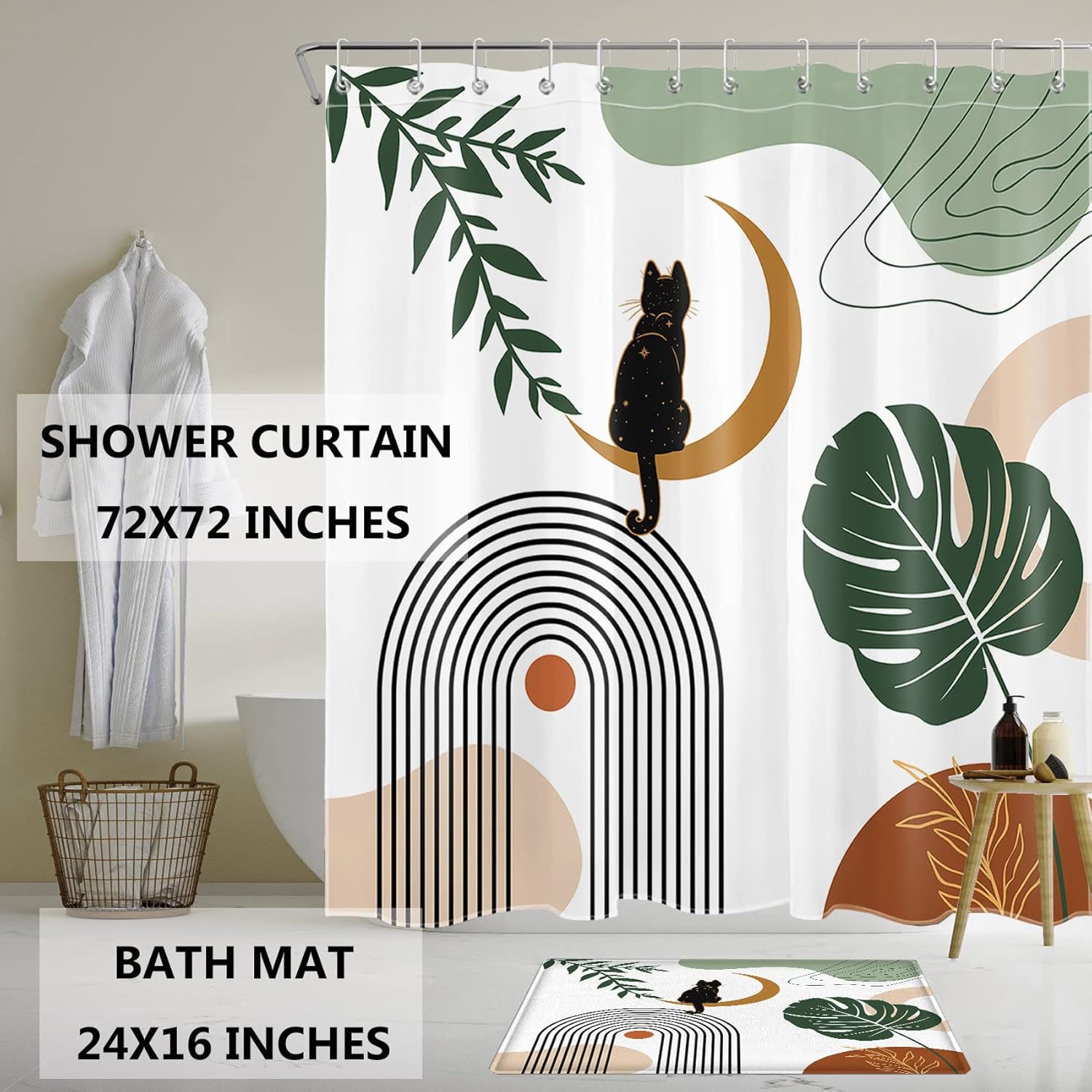 LB Minimalist Mid Century Shower Curtain Boho Striped Green Leaf Abstract Shower Curtain Set Tarot Black Cat Modern Shower Curtains for Bathroom with Bath Mat and Hooks,Waterproof Fabric,72x72 inch