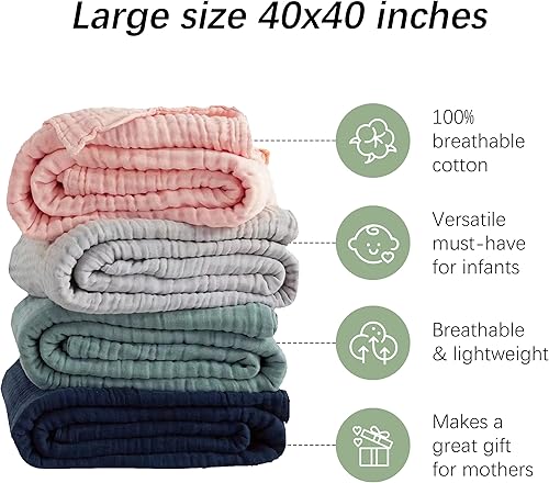 Miniatura 2 de SWEET DOLPHIN - Paquete de 2 toallas de baño de muselina para bebés y niños pequeños, manta 100% algodón, 40 x 40 pulgadas, altamente absorbentes,