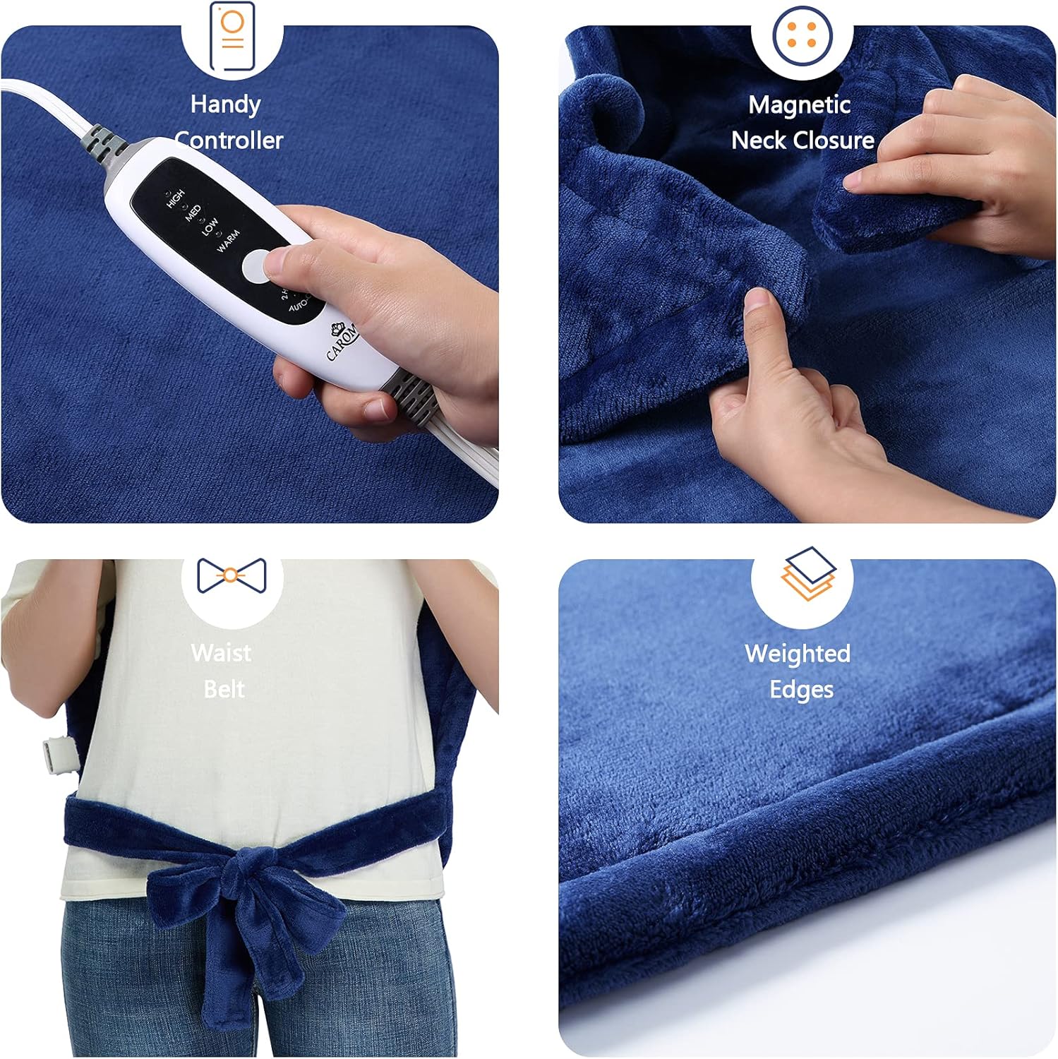 CAROMIO Heating Pad for Neck and Shoulders Back Pain Relief, Electric Weighted Heating Pads with Auto Shut Off Large, Full Body Back Heat Pad Fast Heating, 4 Temperature Settings (Navy Blue, 33"x22")
