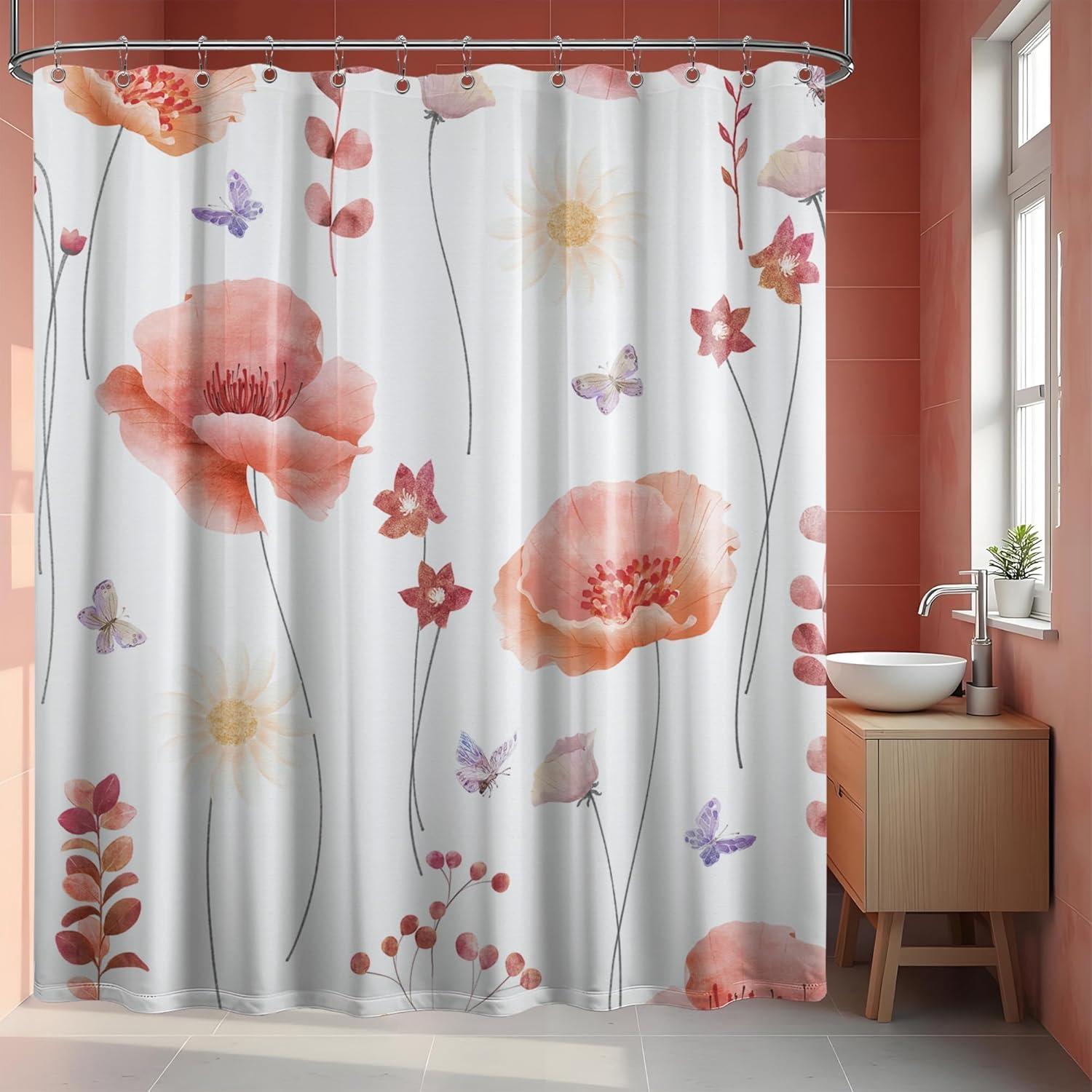 Coral Watercolor Floral Shower Curtain White and Coral Spring Summer Modern Minimalist Flower Shower Curtains for Bathroom Decor, Waterproof Cloth Fabric with Hooks, 70x84 in