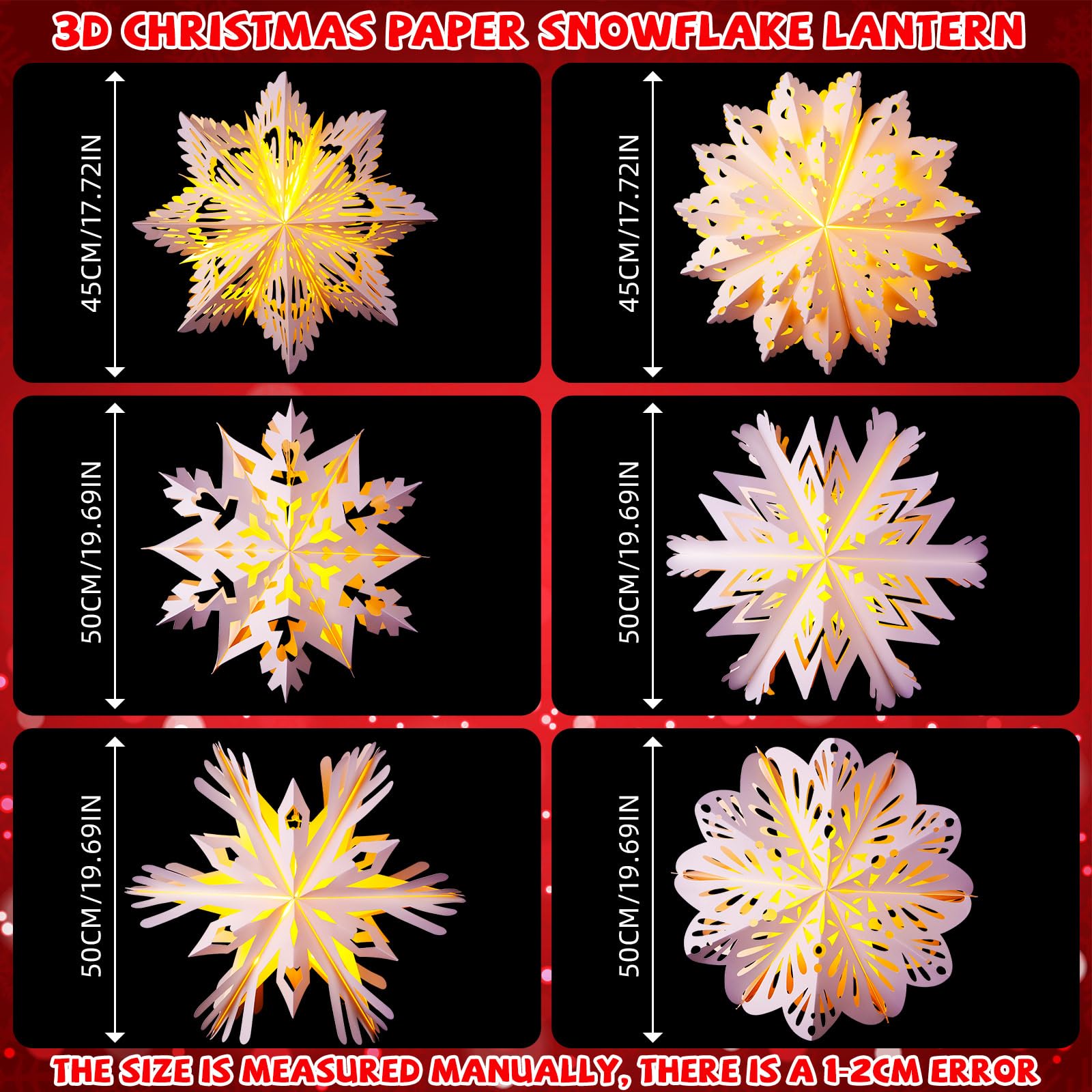 Baquler 6 Set 19.69 in 3D Christmas Paper Snowflake Lantern with 8 Mode LED String Light with Remote Out Hollow Paper Snowflake Lantern Xmas Hanging Pendant Lampshade Frozen Party Hanging Decor