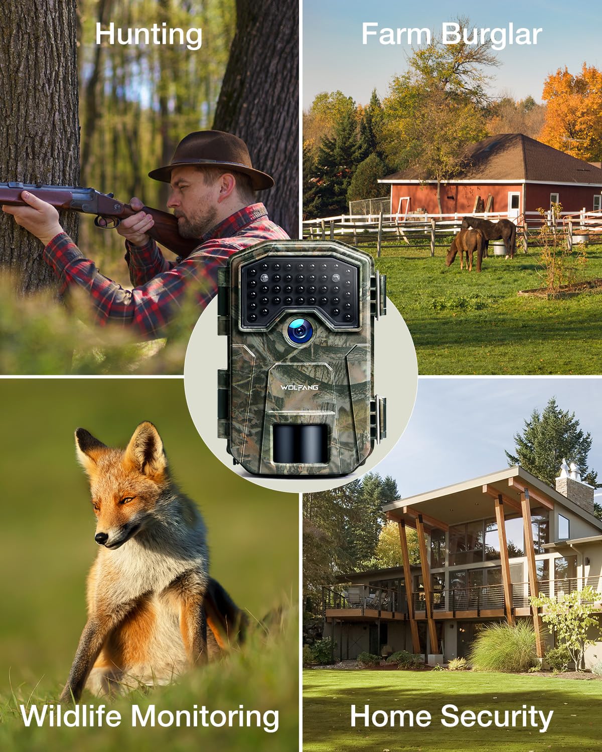 WOLFANG Fototrappola 4K 48MP 4K 30 fps, Fotocamera Caccia con 38 LED a Infrarossi Invisibili 940 nm, Timer e Design Impermeabile IP66 Infrarossi Rilevatore di Movimento per la Caccia e l'osservazione