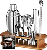 FINEDINE 17-Piece Cocktail Shaker Set - Stainless Steel Bartender Kit with Jigger, Strainer, Muddler, Recipe Book & Wooden Stand for Home Bar Mixology