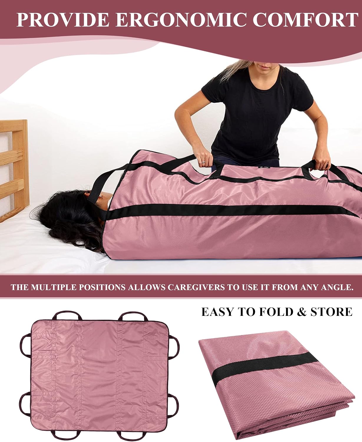 Positioning Bed Pad with 8 Handles, Waterproof, Washable (Pink)