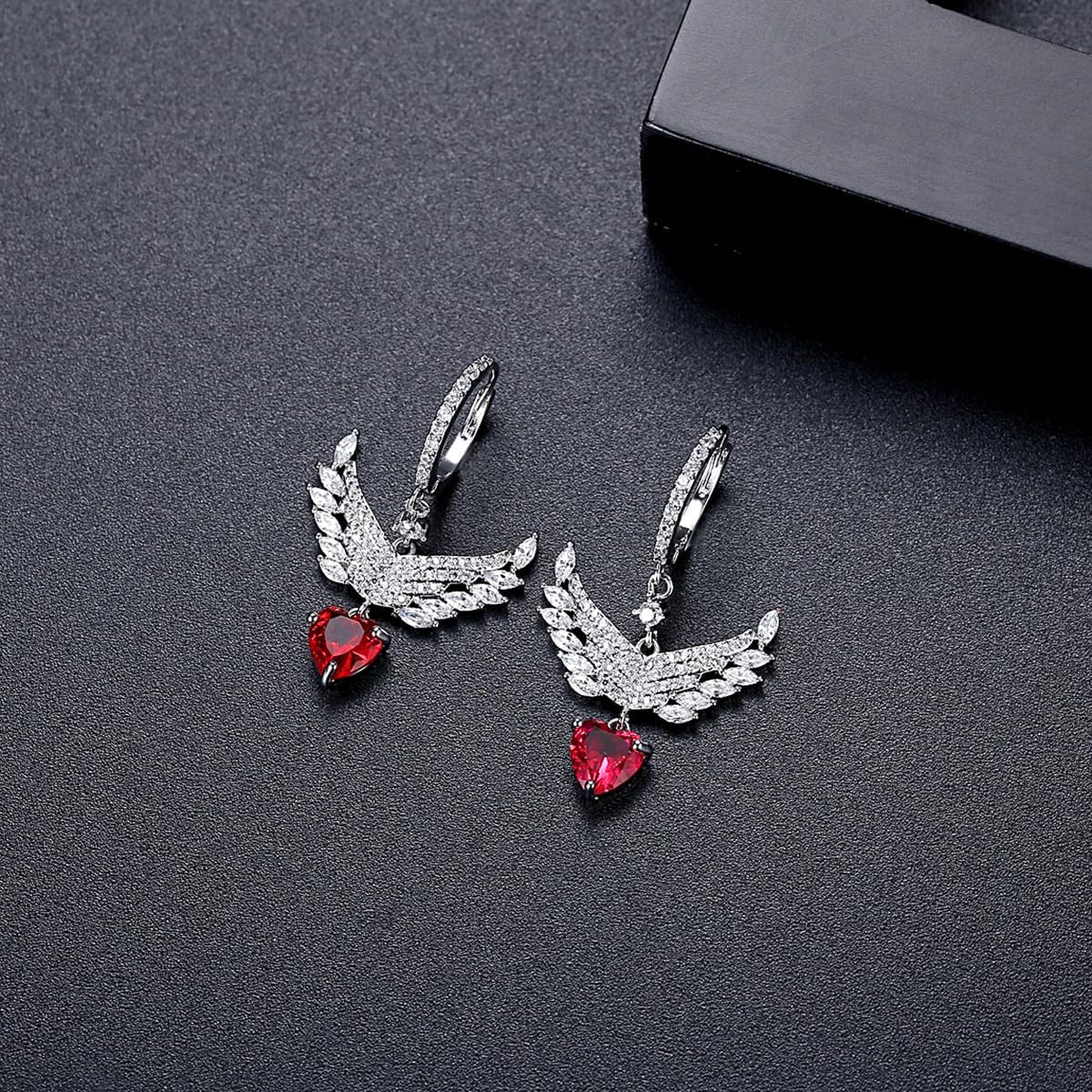 14K Gold Heart-Shaped Ruby Winged Earrings, Romantic Design, Suitable for Special Occasion