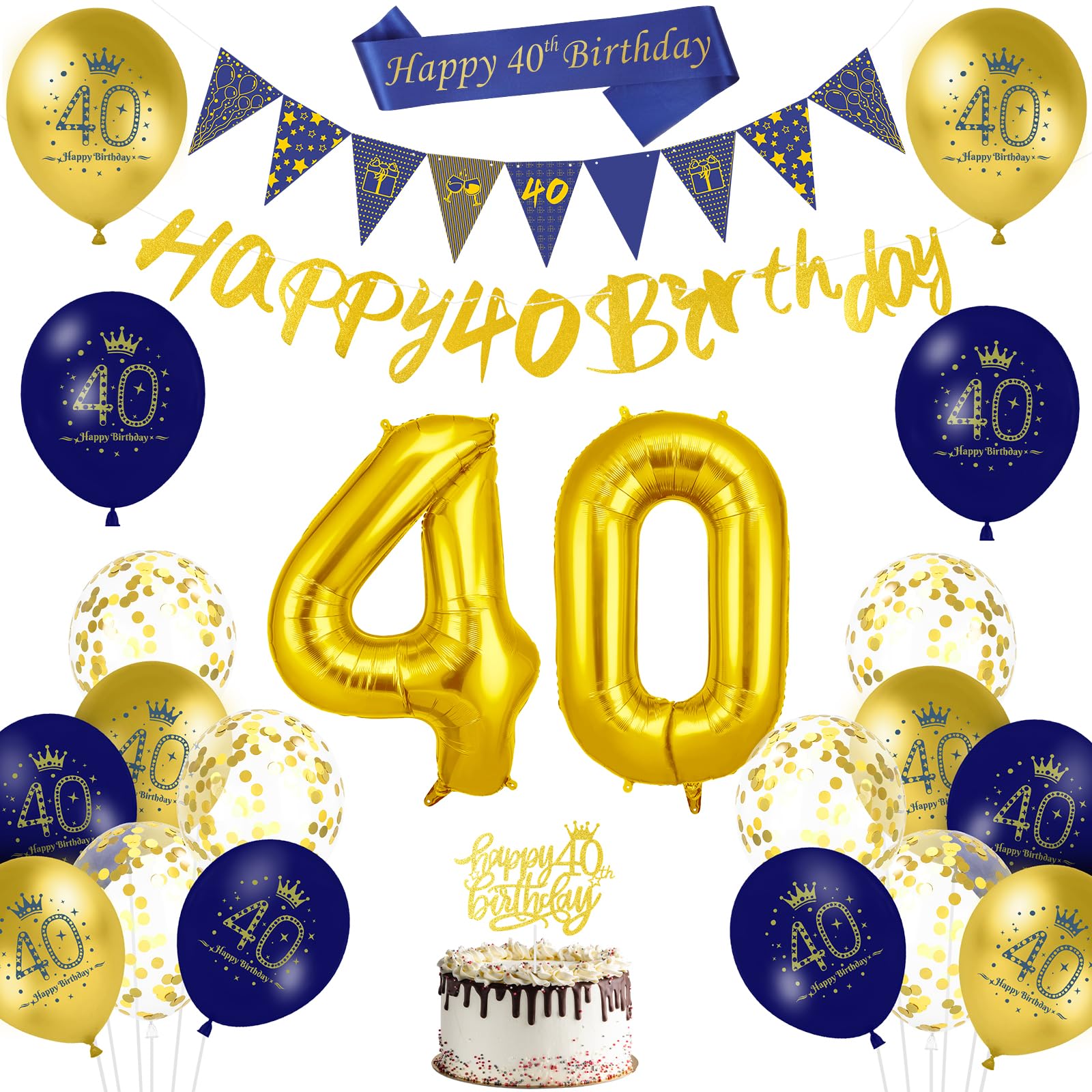AUAUY 40th Birthday Decorations, Blue Gold Balloon Decoration Set, Include Happy 40th Birthday Banner, Balloons, Sashe, Bunting Flags, Cake Topper, Ribbon, Perfect for a 40th Birthday's Party