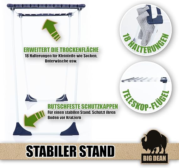 BigDean Clothes Airer 200 Telescopic Extendable 20 m Drying Surface XXL White Extra Stable