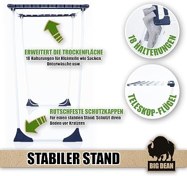 BigDean Clothes Airer 200 Telescopic Extendable 20 m Drying Surface XXL White Extra Stable