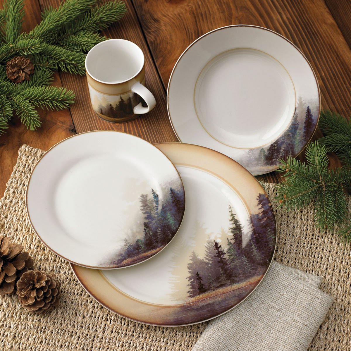 Black Forest Décor Misty Forest Cabin Dinnerware Set – Rustic Porcelain Plates, Bowls & Mugs, 16-Piece Set