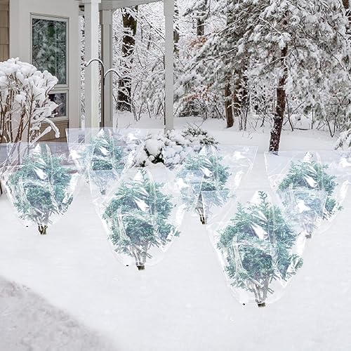 Vista 14 de ANPHSIN 6 piezas de película de invierno para plantas con cordón, cubierta de plástico de 35.4 x 59 pulgadas, protección contra congelación, bolsa