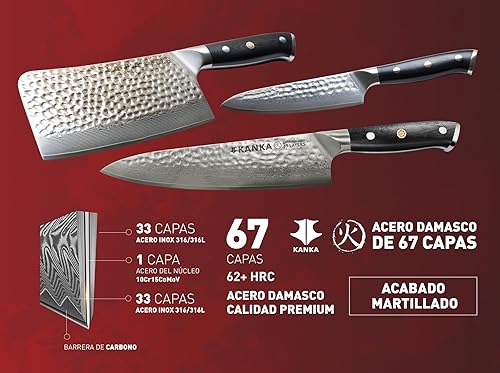 Miniatura 7 de KANKA Cuchillo de chef profesional de acero de Damasco de 10 pulgadas, 67 capas, extra largo, mango de fibra de vidrio negro G10, cuchillo afilado