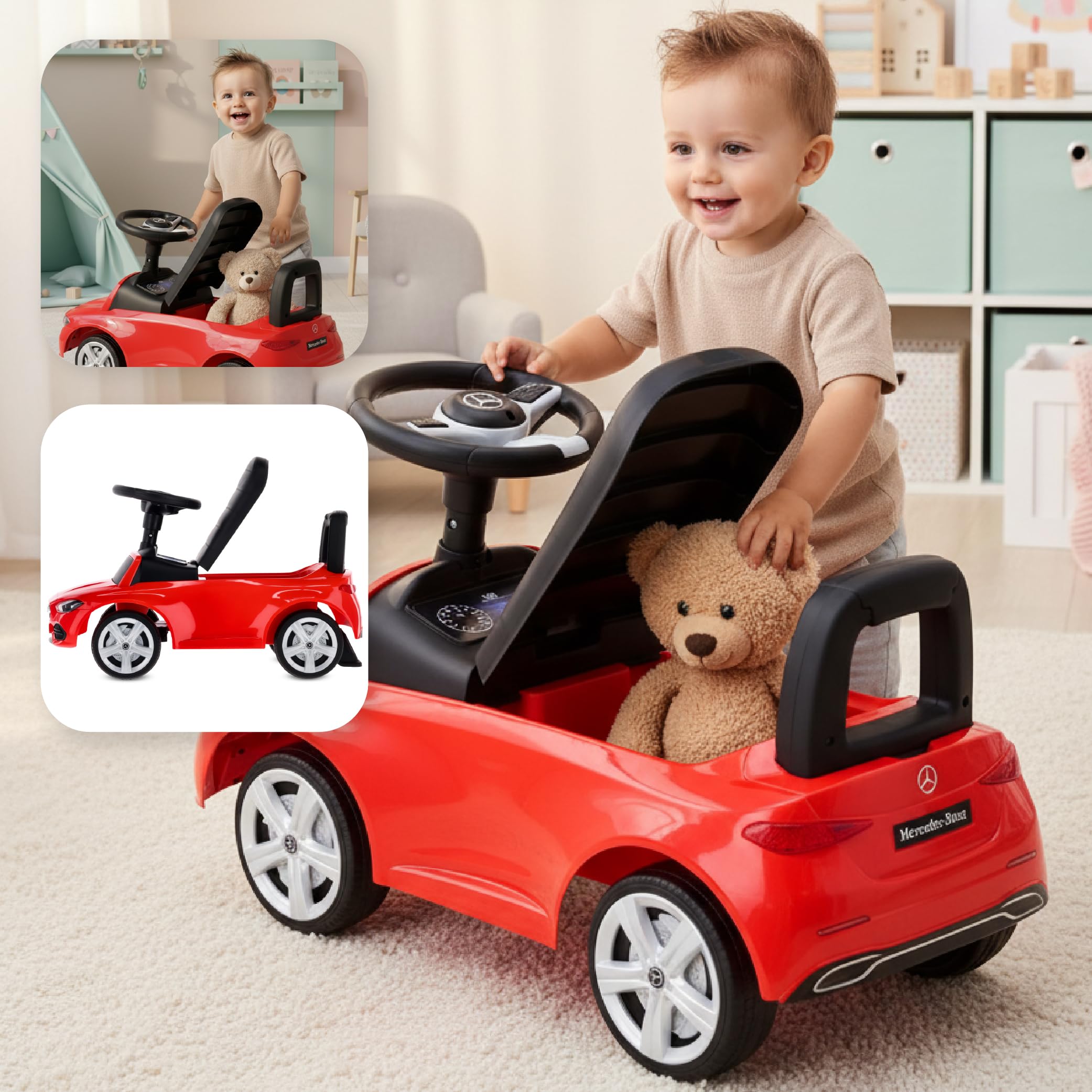 sun baby Macchinina Cavalcabile per Bambini, Macchina a spinta da 12 mesi, volante audio, sedile con schienale, vano portaoggetti sotto il sedile, protezione antiribaltamento (Rosso)