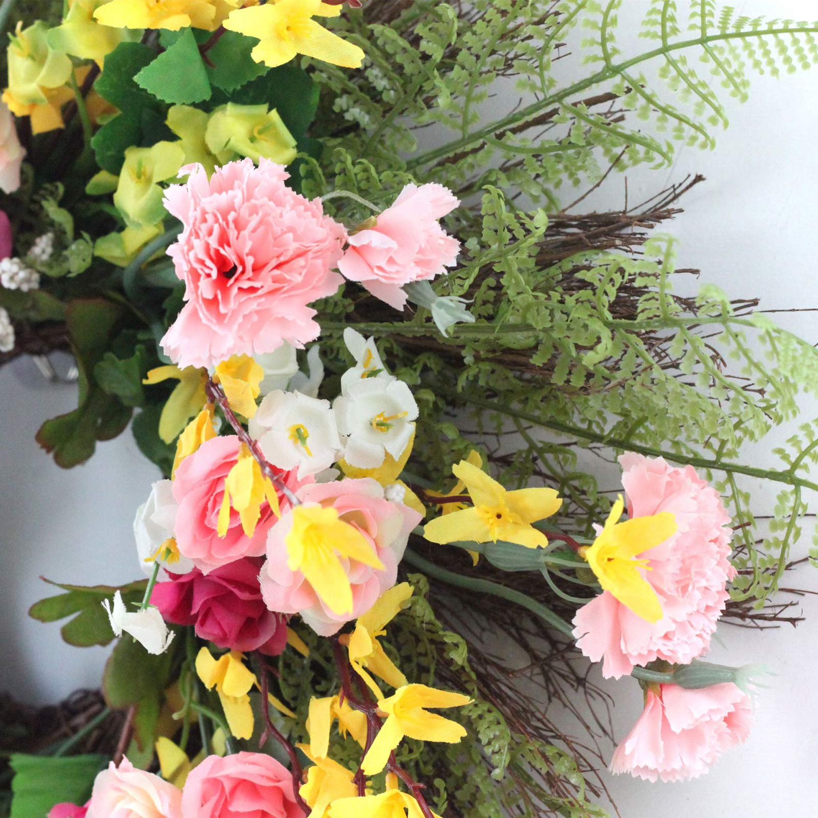 LIU- Frühling Sommer Vordere Tür Kranz Künstliche Gelbe Winter Jasmin Rosa Nelken Kranz Home Bauernhaus Ornamente