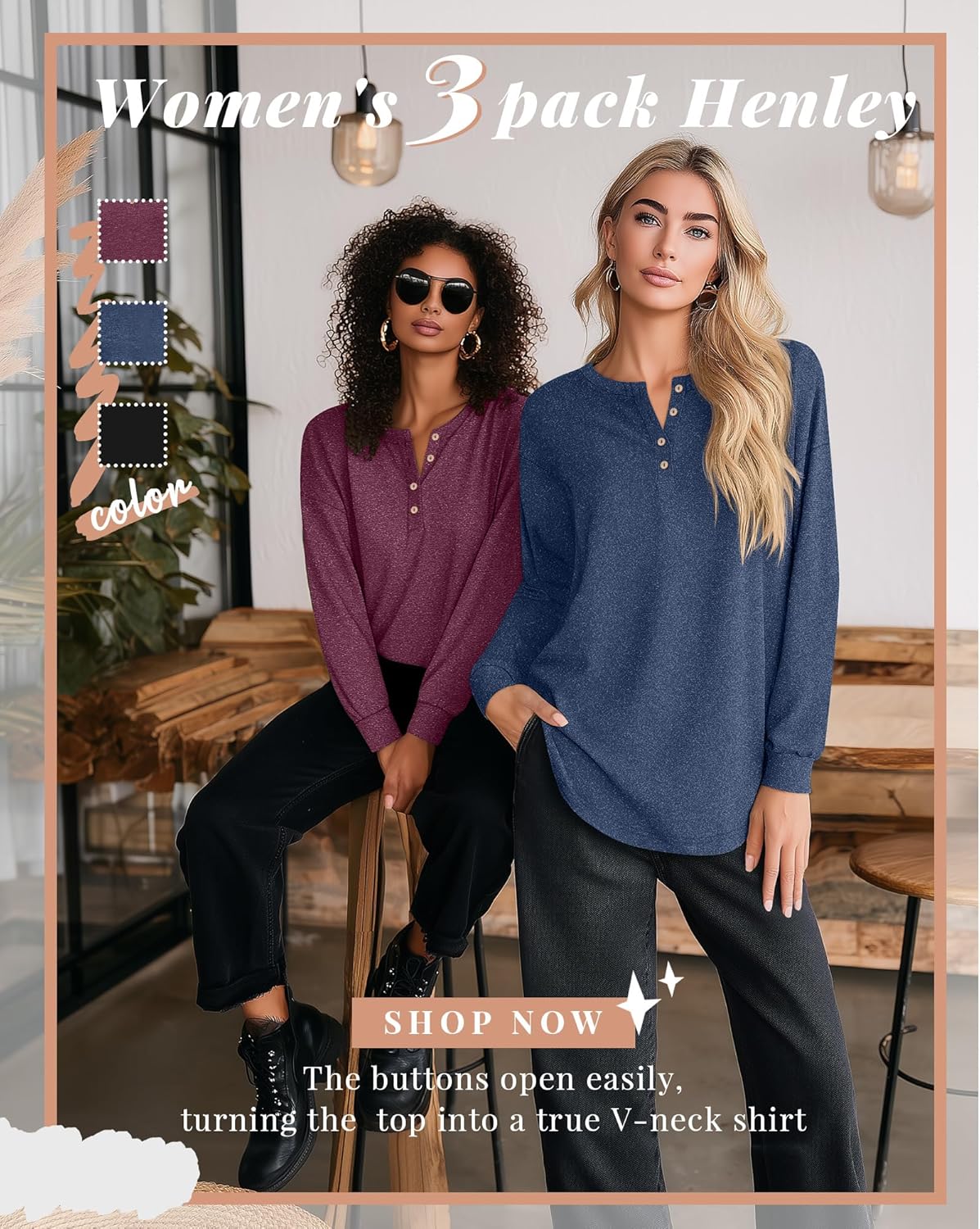Riyiper 3 Pack Women's Long Sleeve Henley Tops, V Neck Button Up Tunic Top Casual Shirts Loose Fit T Shirts Pullover Tunics - Image 3