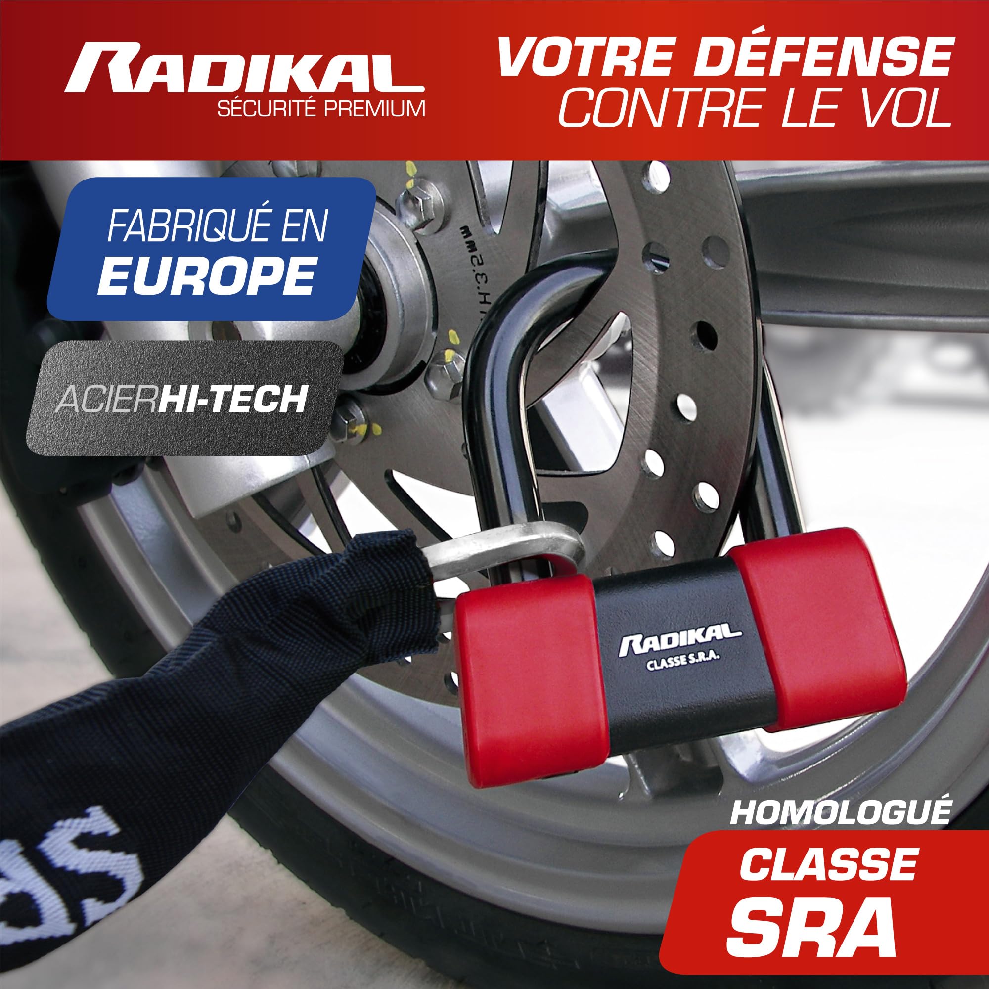 RADIKAL RK75+10.120L Chaine Système Boucle ø10 + Antivol Moto Disque Mini U Haute Sécurité Homologué Classe SRA, 120cm Plus Distance, Anti vol Multifonction pour Moto, Ancrage, Parking, Scooter, Velo