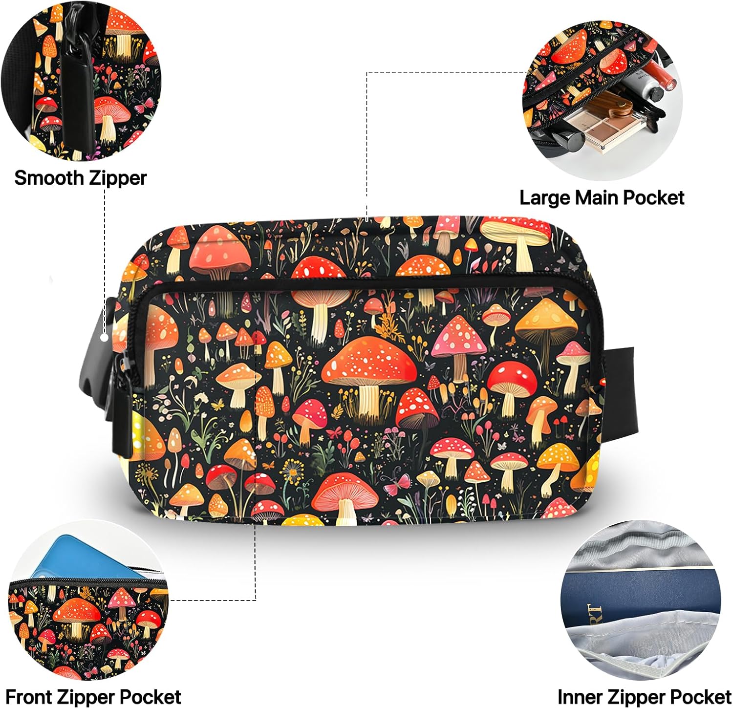 Mushroom Fanny Pack for Women Belt Bag Fashion Waist Pouch with Adjustable Strap for Sports Running Traveling Hiking Camping Cycling - Image 5