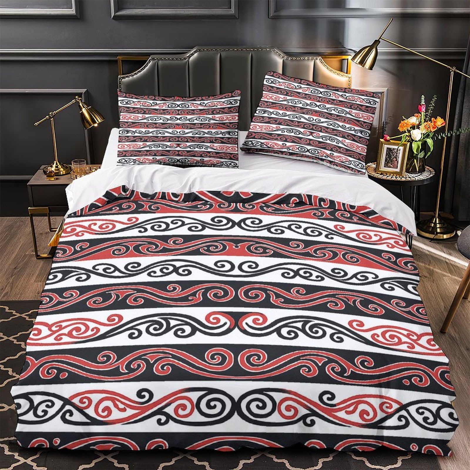 Housse de Couette Tribale en Microfibre pour Lit Adolescent Parure de Lit 3D Spirale Rouge