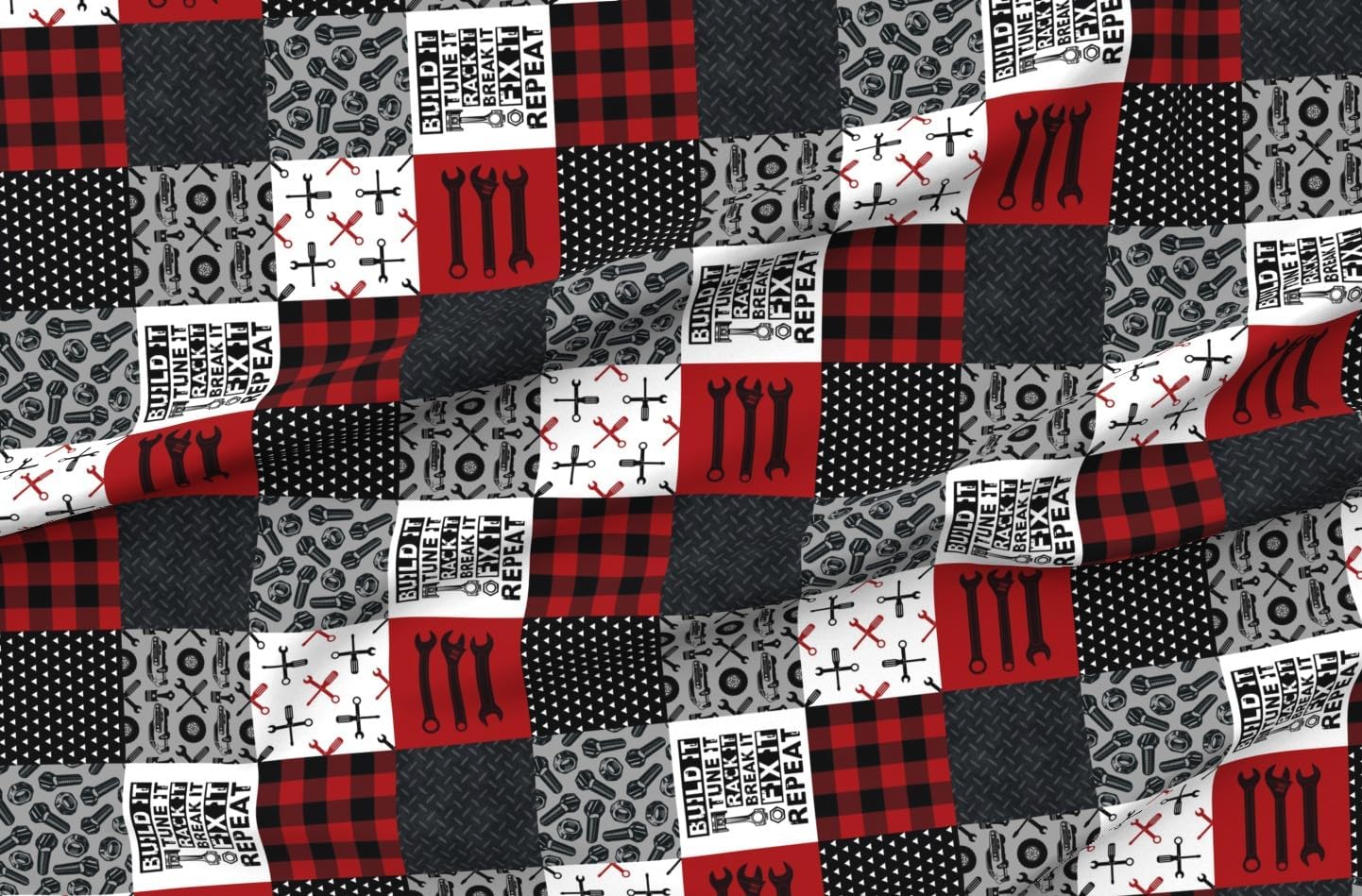 Spoonflower Fabric - Red Mechanic Quilt Topper Wholecloth Patchwork Tools Wrench Garage Printed on Organic Cotton Sateen Fabric by The Yard - Sewing Quilting Apparel Home Decor
