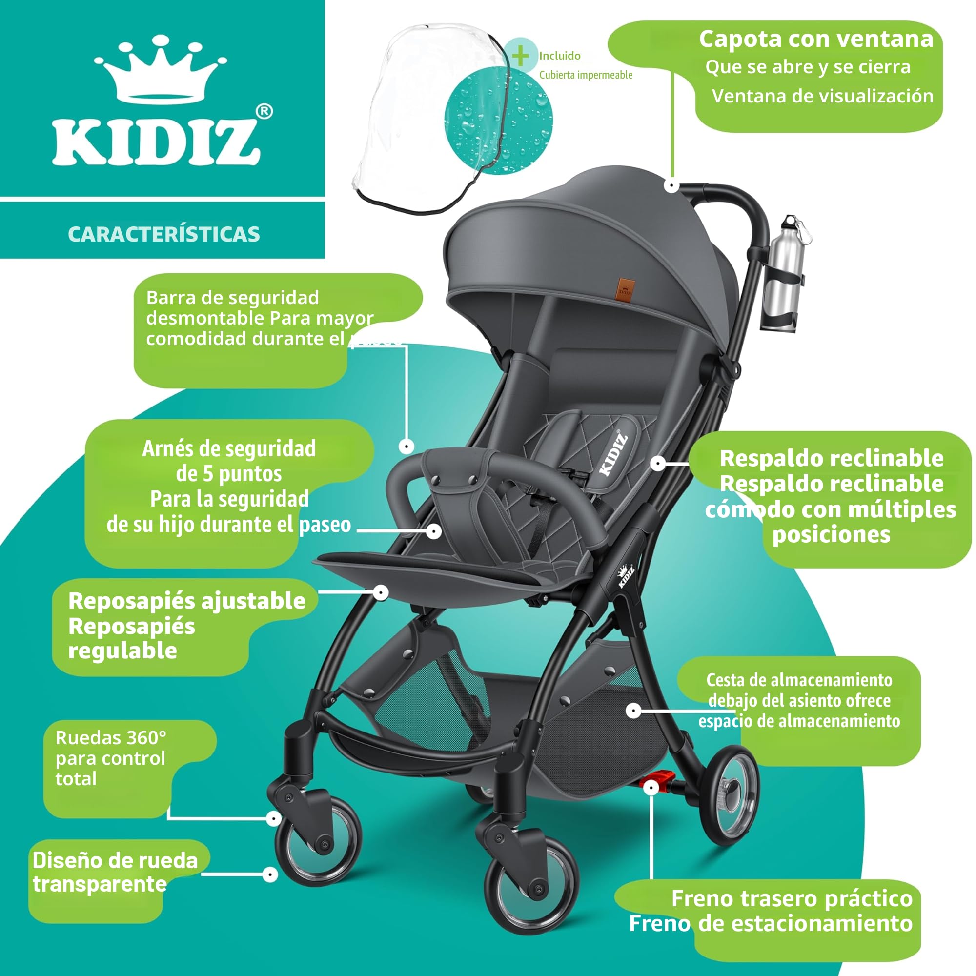 KIDIZ® Premium Silla de Paseo, Buggy, Ruedas de 360°, Arnés de 5 puntos, Incluye portavasos y protector de lluvia, Respaldo ajustable y capota, Plegable, Antracita