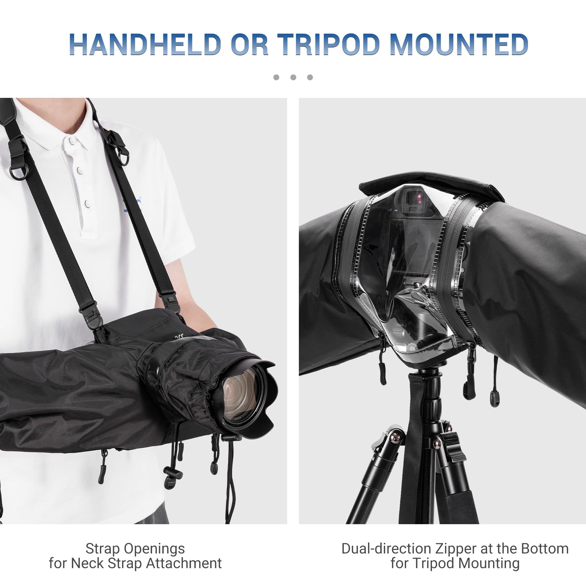 JJC Copertura antipioggia in nylon per fotocamere e obiettivi Canon, Sony, Nikon, lunghezza ≤ 230 mm, montaggio con cinghia e treppiede, finestra di visualizzazione con cerniera, maniche antiscivolo