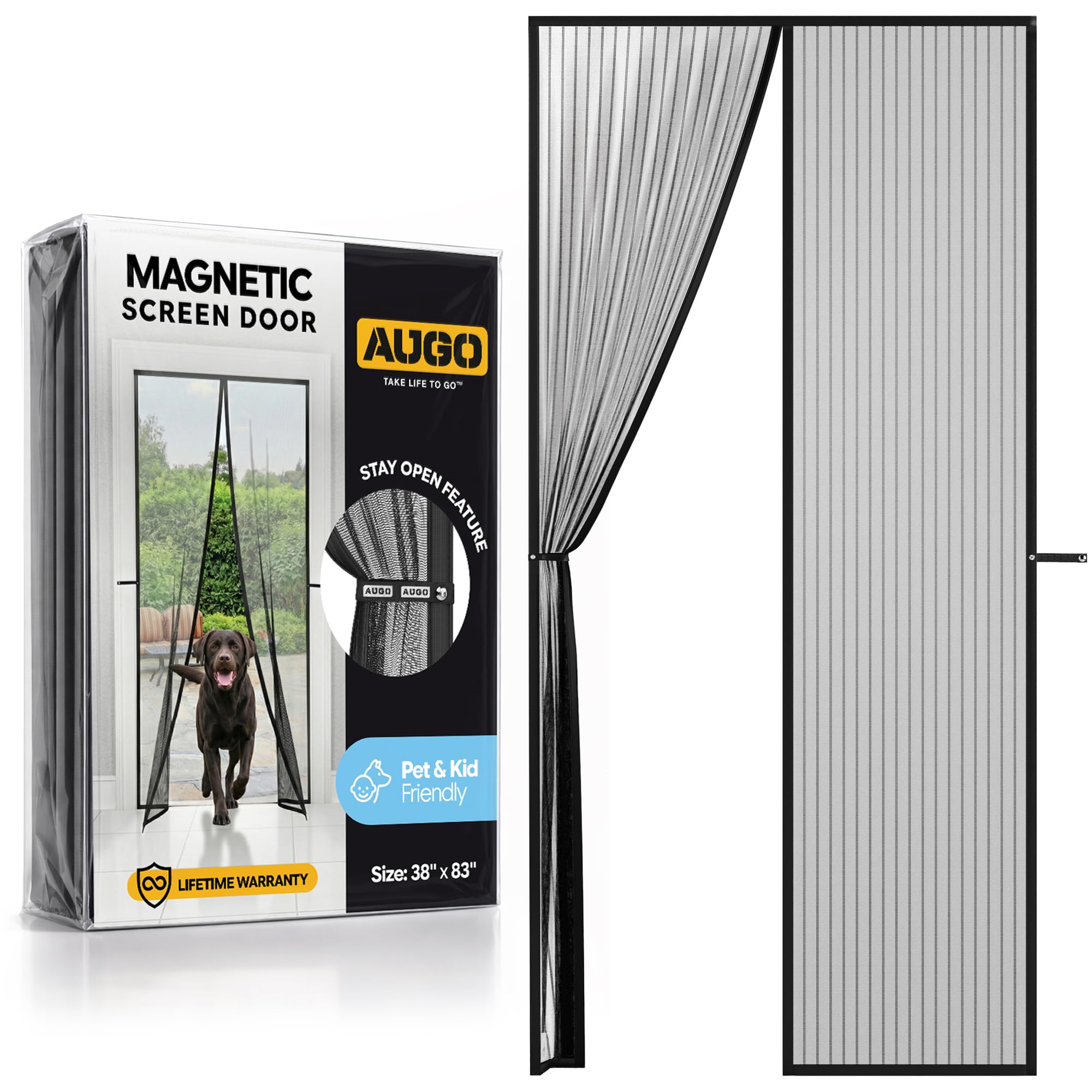 AUGO Magnetic Screen Door - Self Sealing, Heavy Duty, Hands Free Mesh Partition Keeps Bugs Out - Pet and Kid Friendly - Patent Pending Keep Open Feature - 38 Inch x 83 Inch