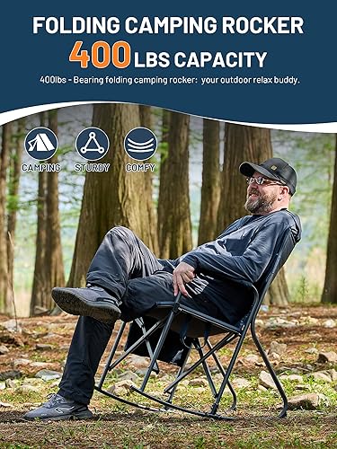 Miniatura 4 de TIMBER RIDGE Silla mecedora plegable de gran tamaño, capacidad de 400 libras, portátil, para exteriores, con reposabrazos duros, portavasos y