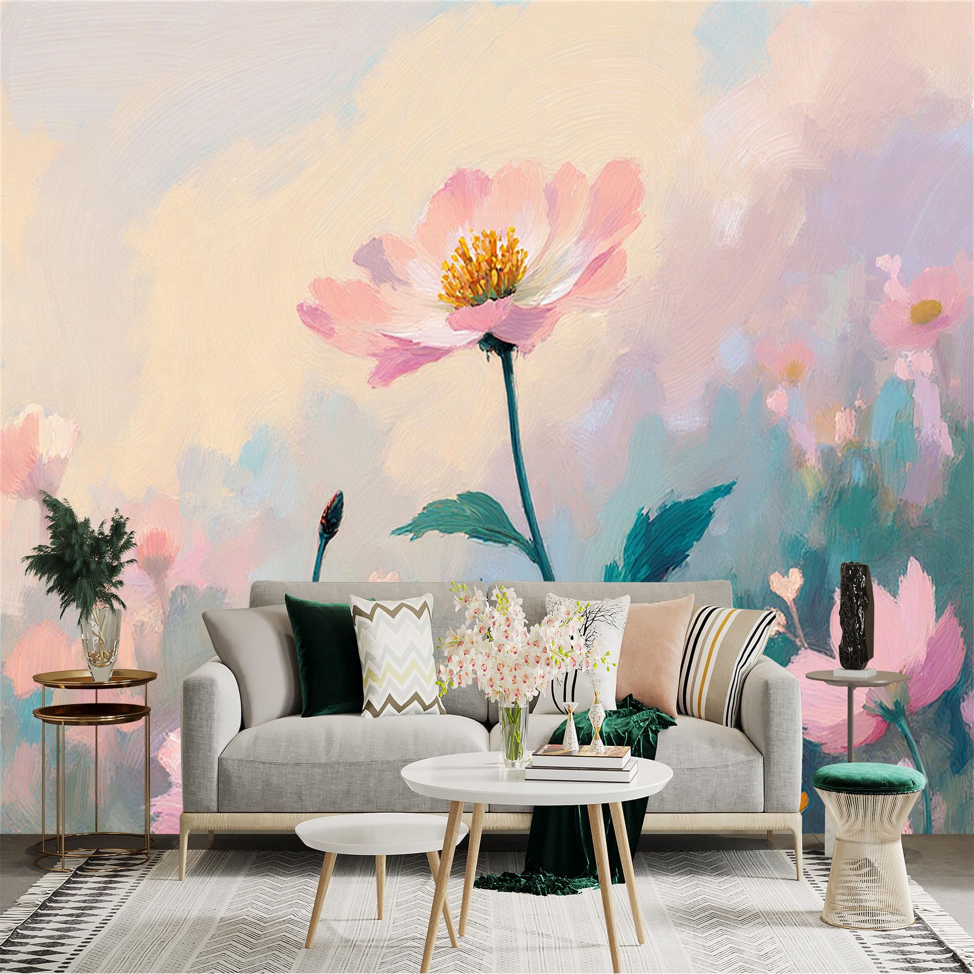 Custom Size Wall Sticker Mural， Soft Pink Floral Field， Impressionist Flower Oil Painting， Pastel Botanical Art， for wall Decoration， peelandstick wall Decals.