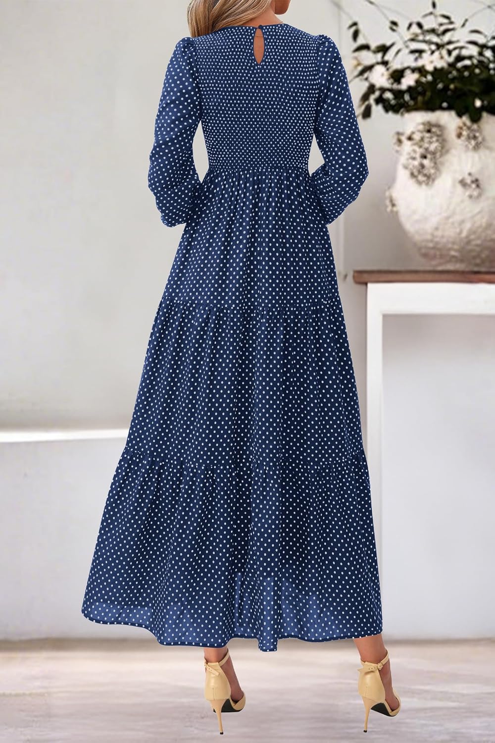 dowerme Maxi Dresses for Women 2026 Long Sleeve Floral Smocked A Line Polka Dot Flowy Boho Vacation Dress Spring Clothes - Image 5